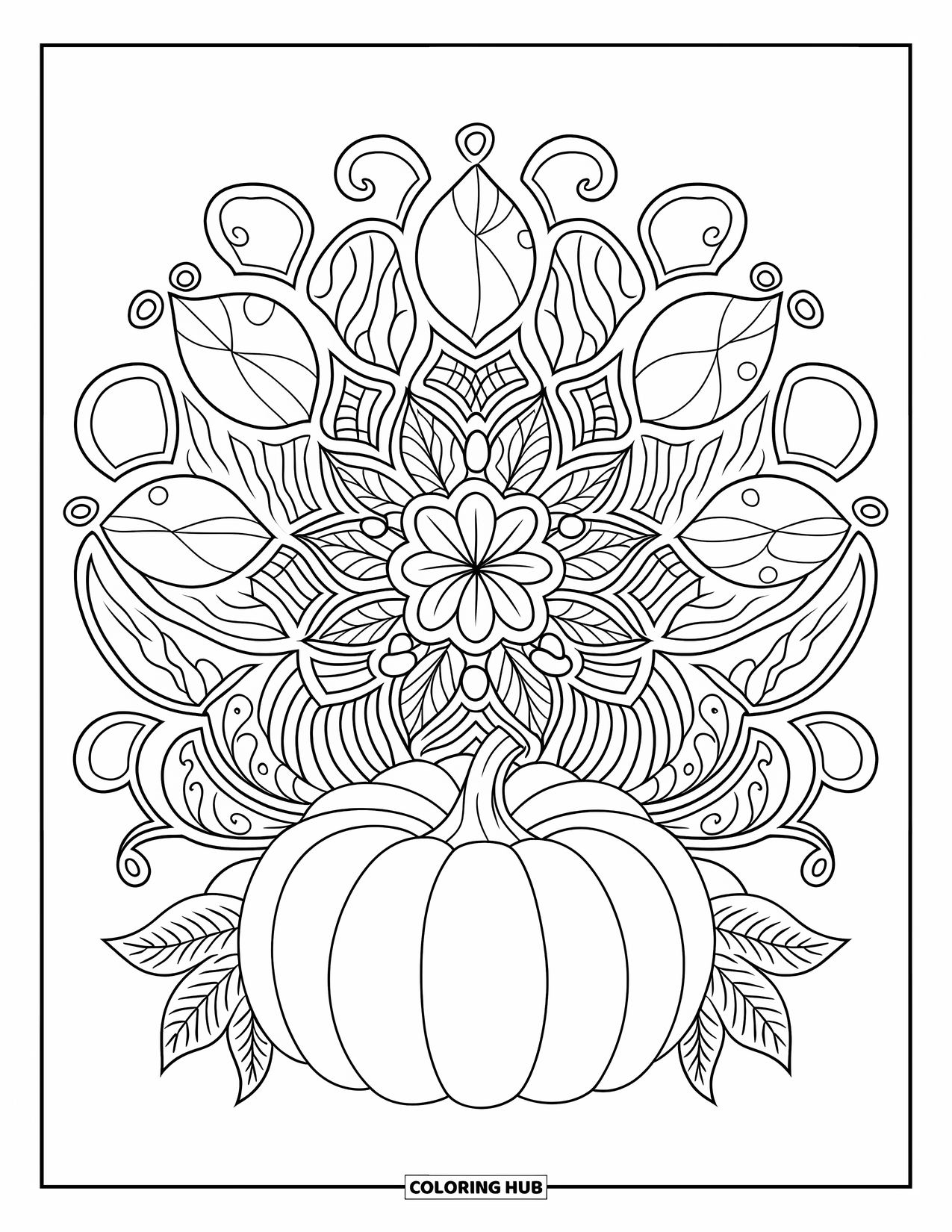 Fall Mandala Coloring Page for Adults: Realistic pumpkin surrounded by leaves and curling vines in a mandala