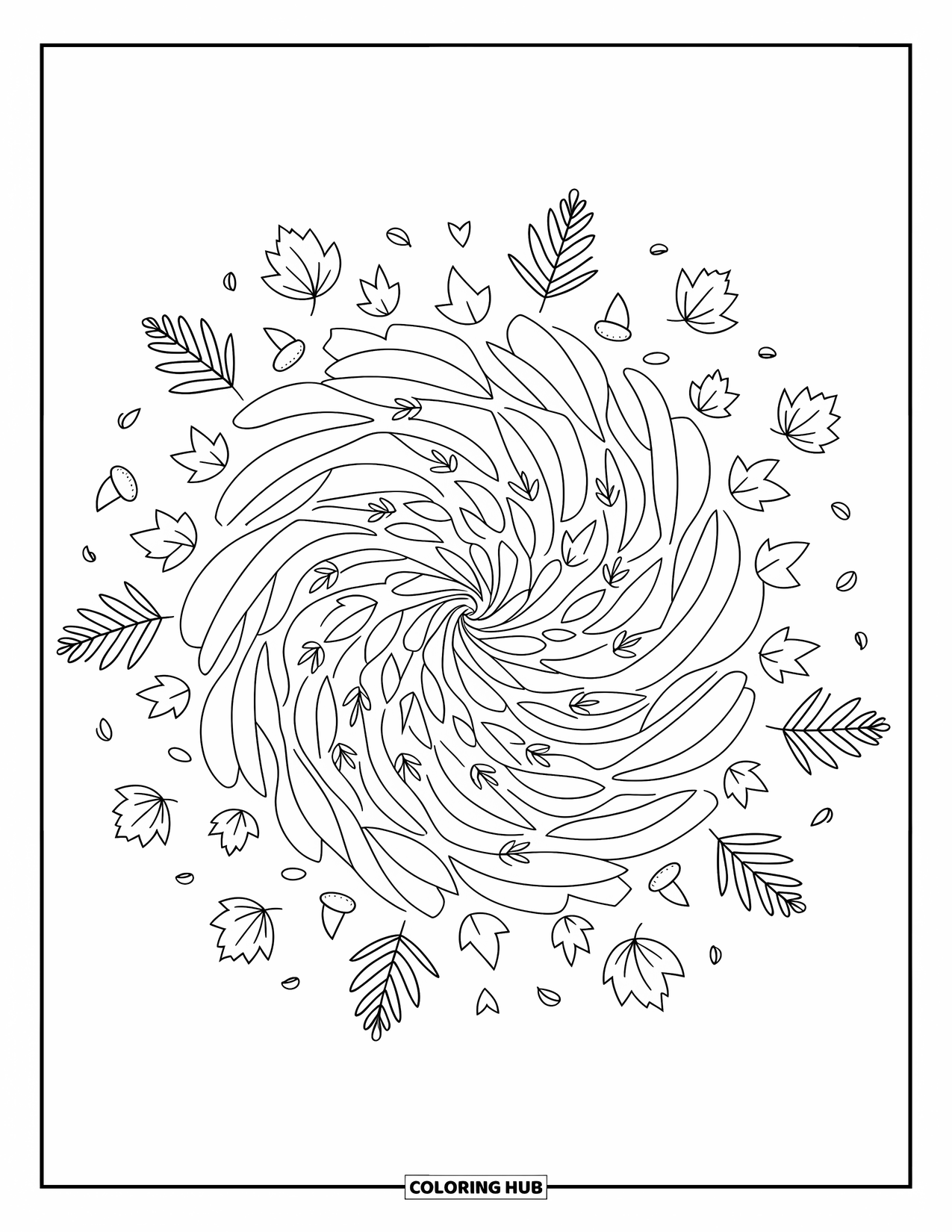 Fall Mandala Coloring Page for Adults: Spiraling leaves, acorns, and wind swirls create a breezy fall mandala