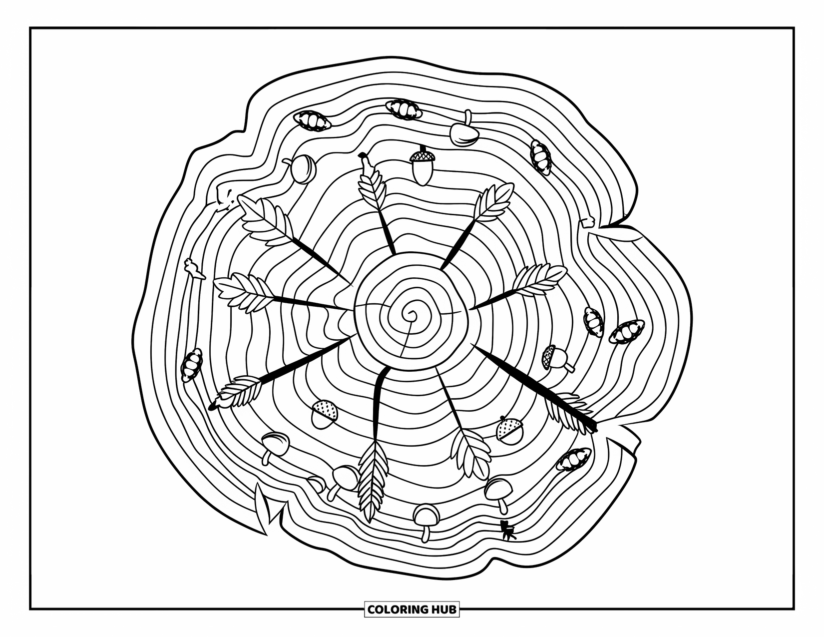 Fall Mandala Coloring Page for Adults: Stump with leafy rings, tiny acorns, and mushrooms on a plain surface