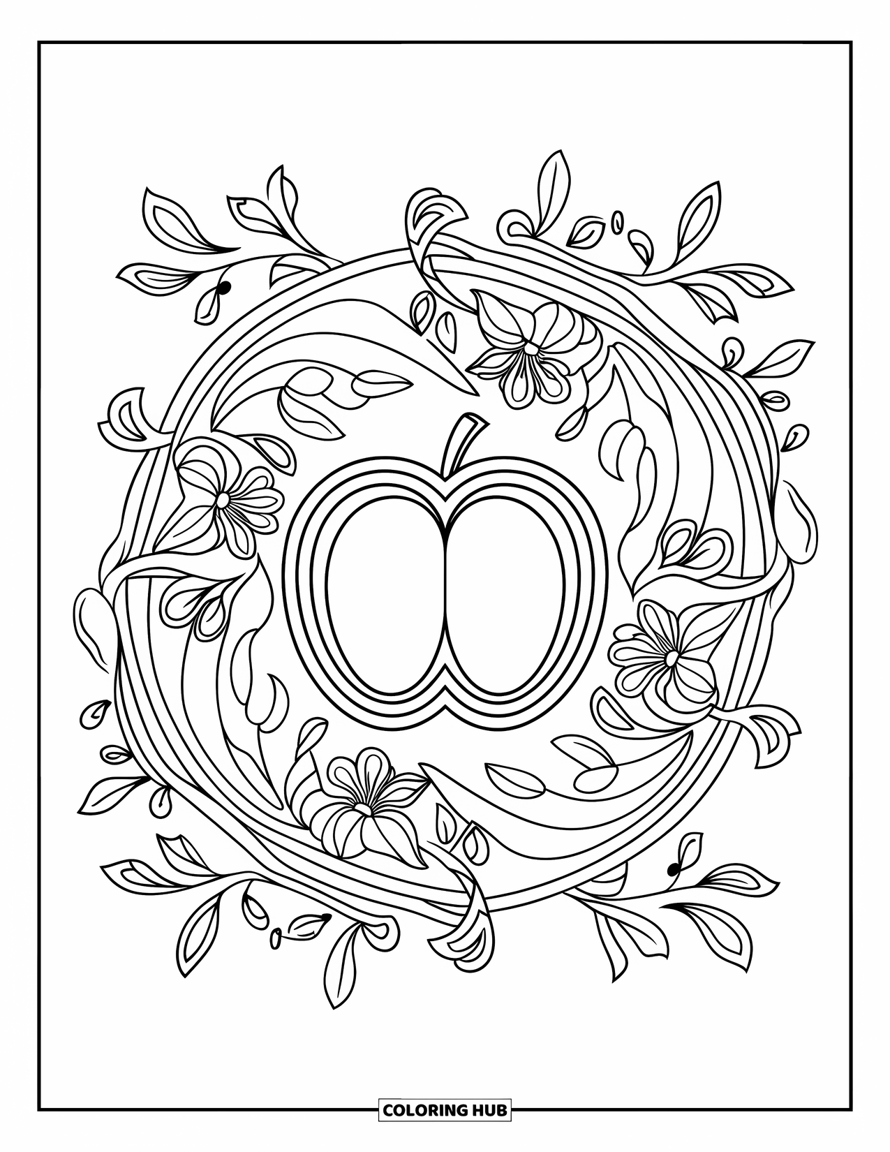 Fall Mandala Coloring Page for Adults: Stylized apple slice with floral and leafy mandala rings