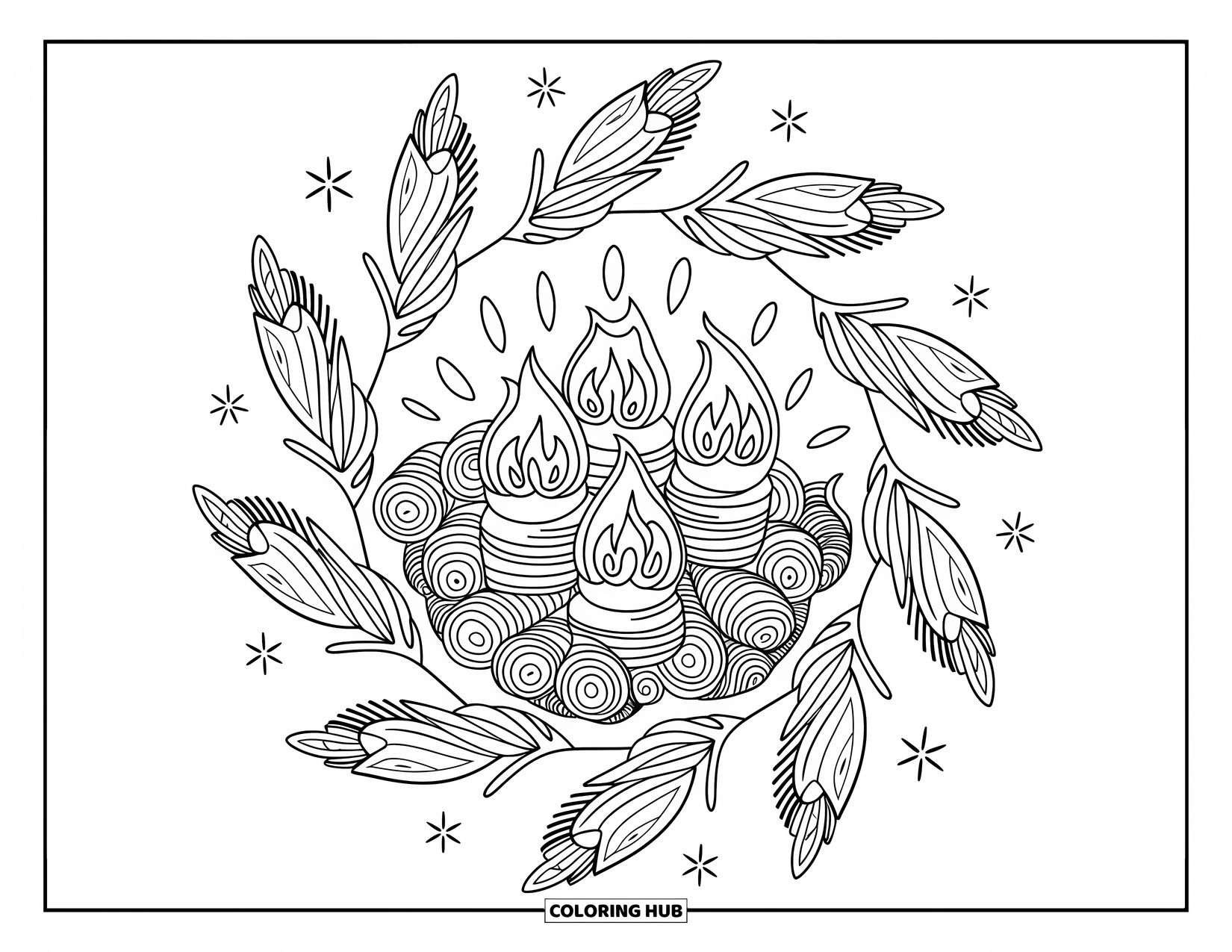 Fall Mandala Coloring Page for Adults: Swirly lantern flames and stacked wood create a soft fall mandala design