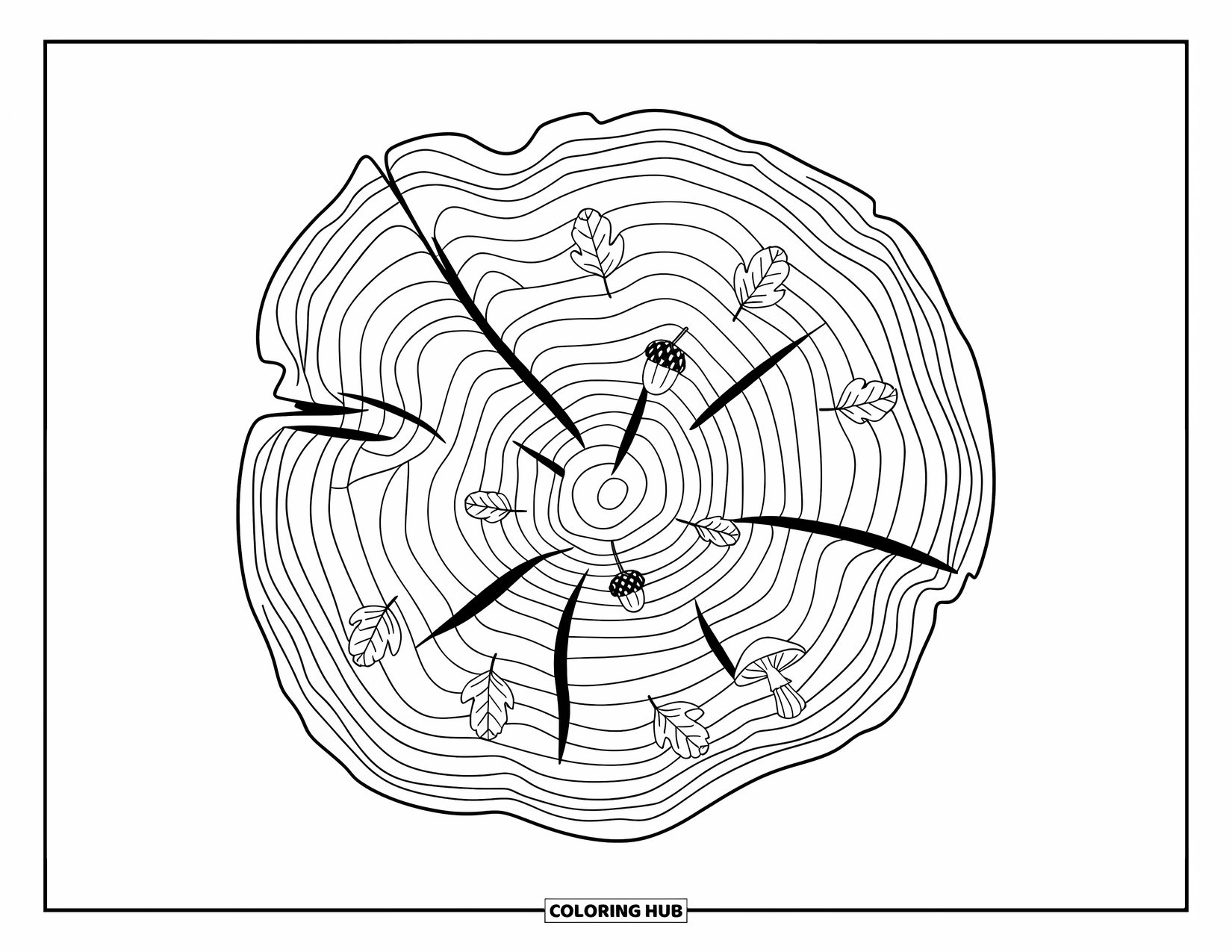 Fall Mandala Coloring Page for Adults: Tree stump with leaf veins, acorns, and mushroom clusters around it