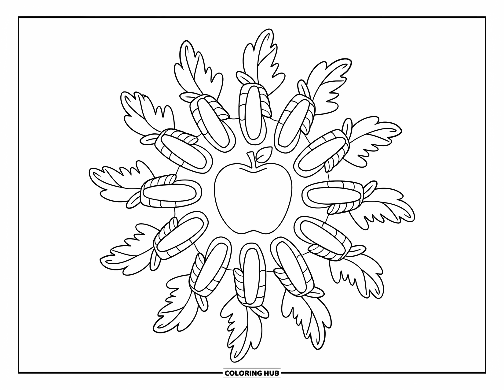 Fall Mandala Coloring Page for Kids: Apple design framed by oak leaves and corn husks in mandala rings