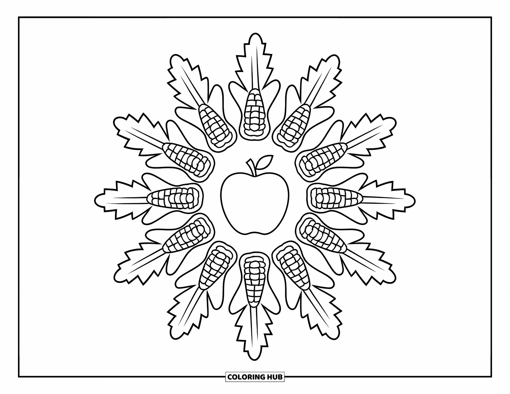 Fall Mandala Coloring Page for Kids: Apple in center with alternating rings of corn husks and oak leaves