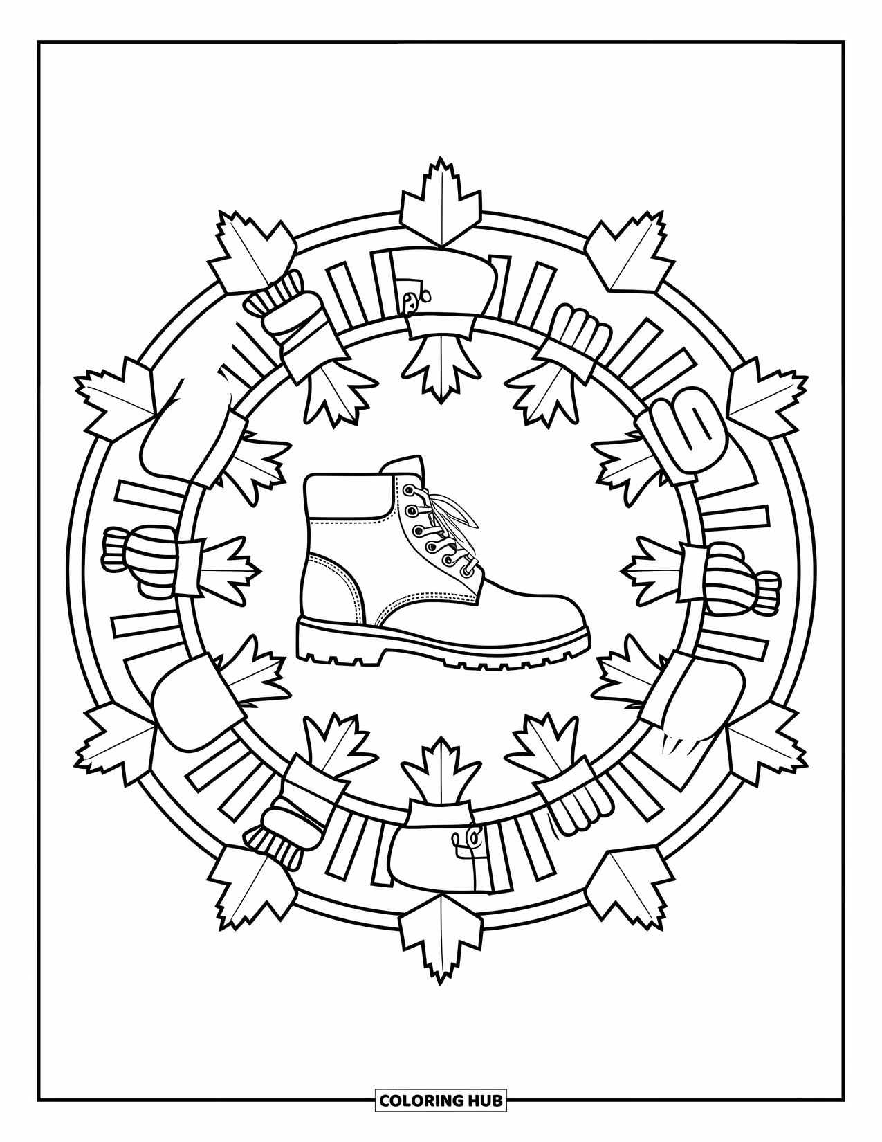 Fall Mandala Coloring Page for Kids: Autumn boot surrounded by layers of cozy clothes and leaves