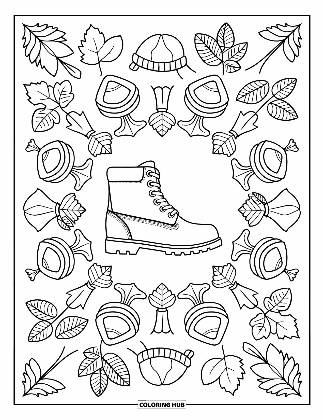 Fall Mandala Coloring Page for Kids: Boot at center with scarves, hats, gloves, and leaves forming a mandala