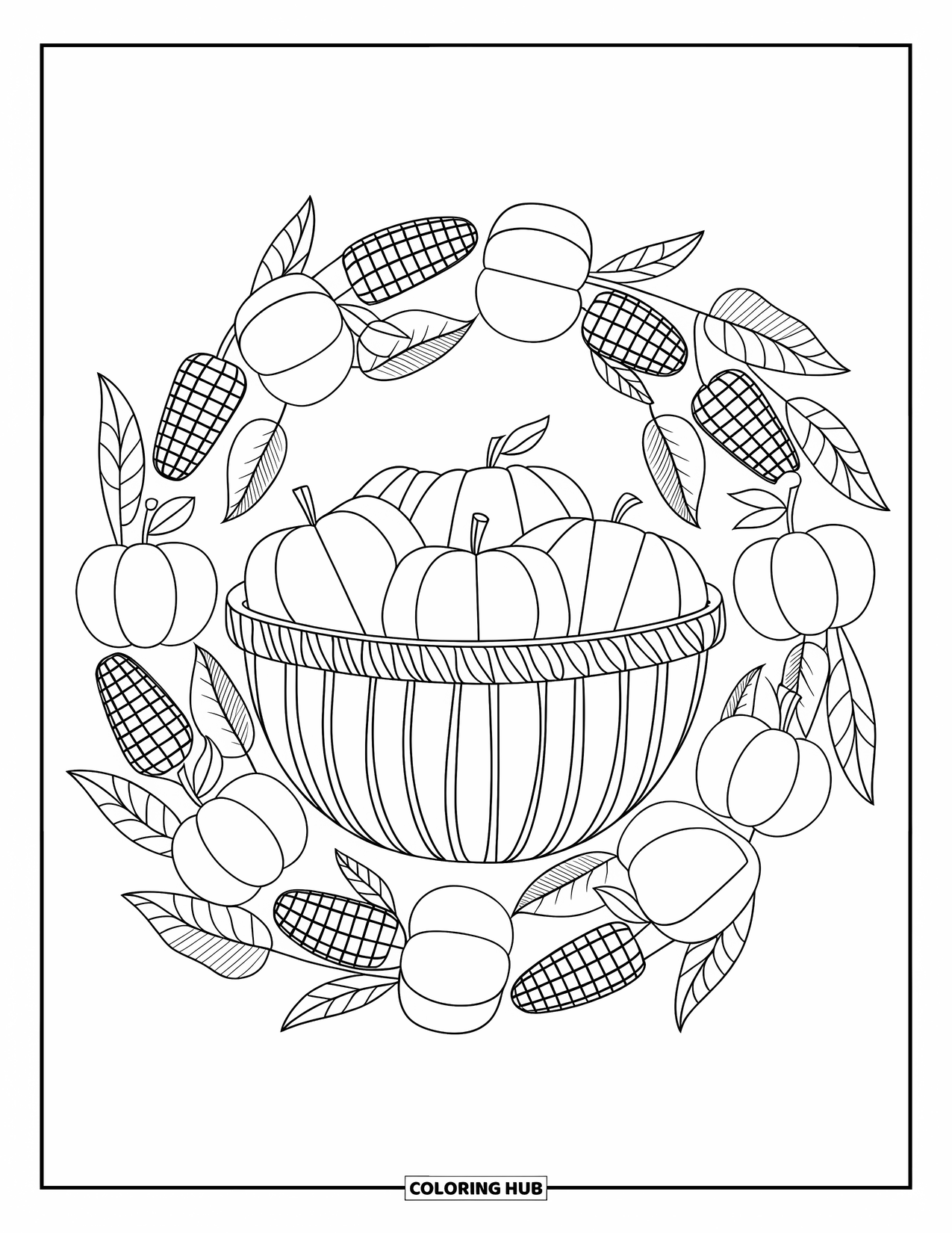 Fall Mandala Coloring Page for Kids: Botanical mandala with apples, corn, and pumpkins from a harvest basket