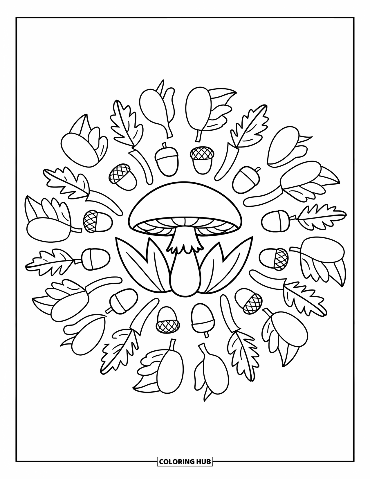 Fall Mandala Coloring Page for Kids: Circular mandala with mushroom cap and swirling fall elements