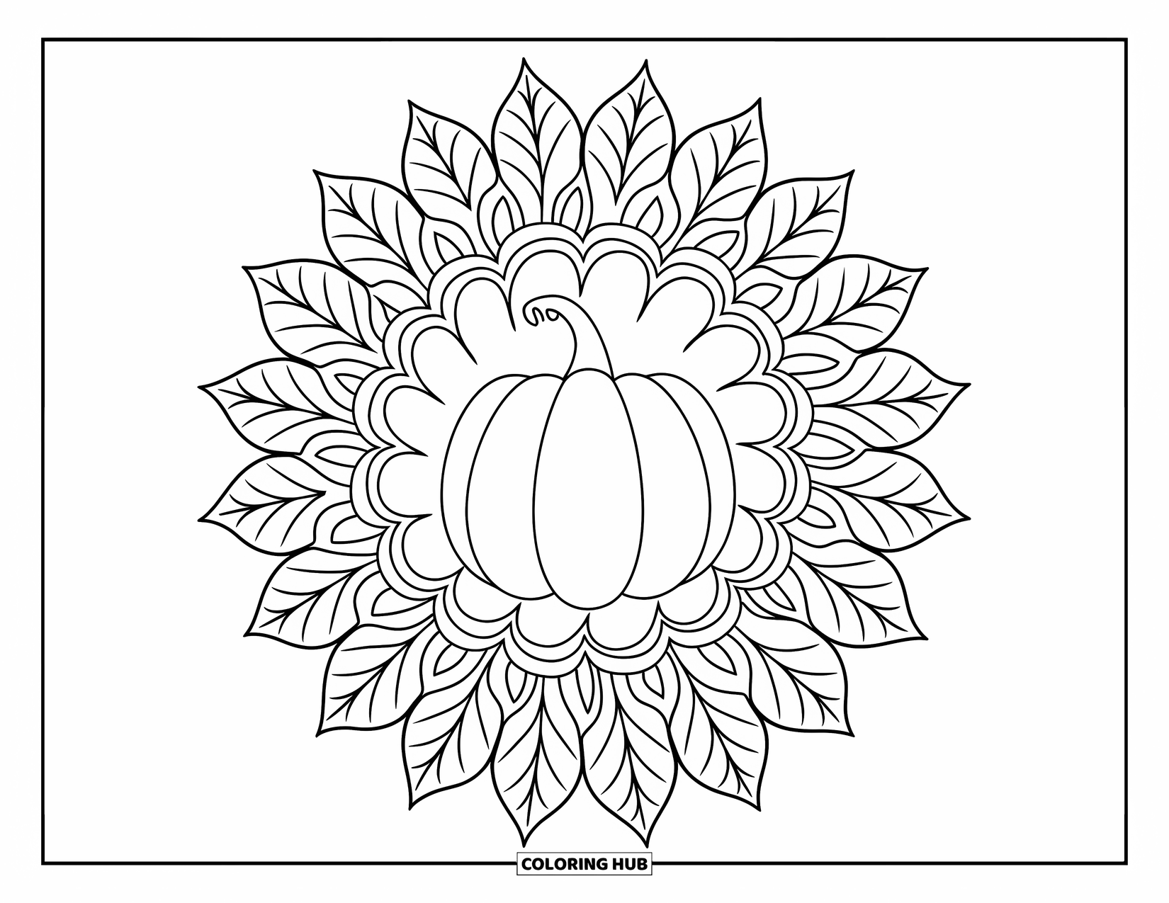 Fall Mandala Coloring Page for Kids: Gourd surrounded by layered fall leaves in a mandala shape