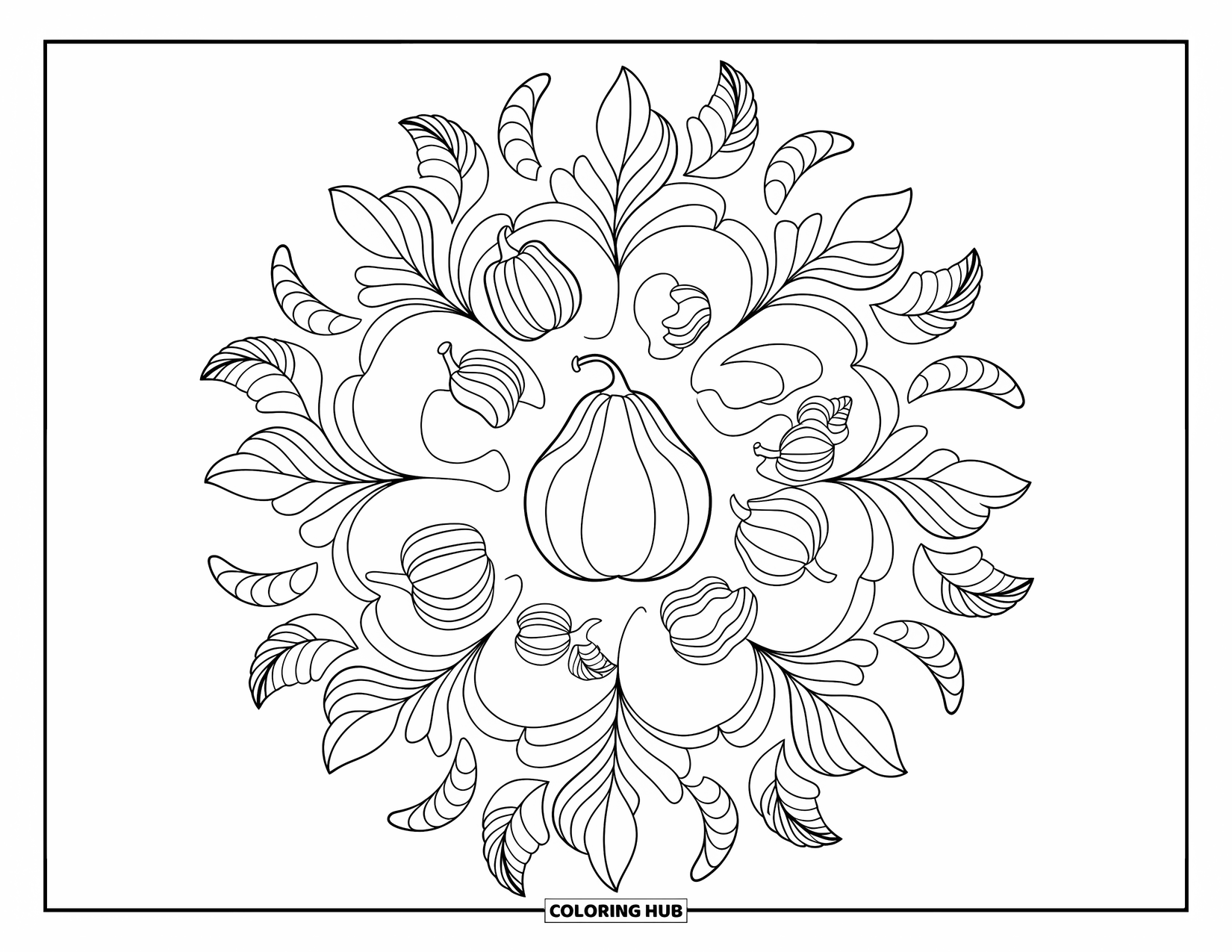 Fall Mandala Coloring Page for Kids: Gourd with leaf layers forming a circular fall mandala