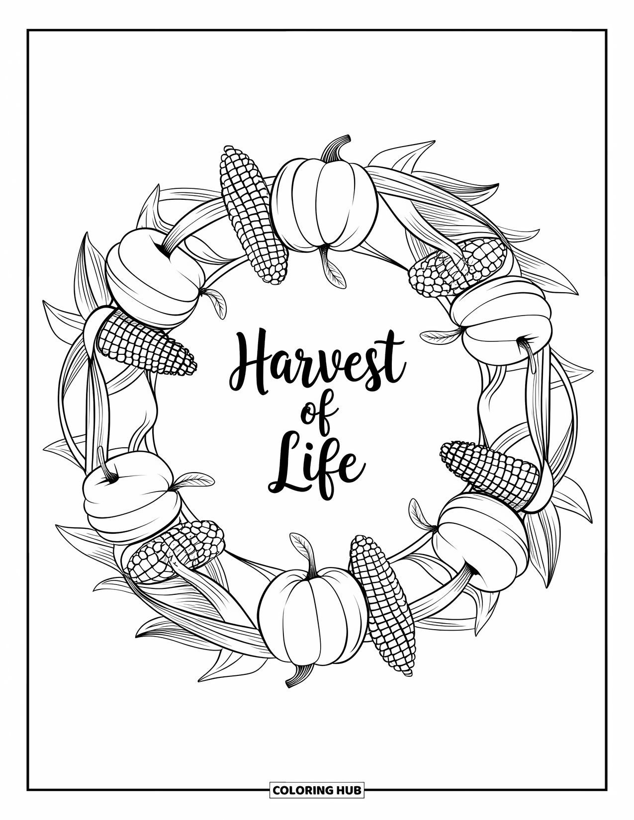 Fall Mandala Coloring Page for Kids: Harvest-themed mandala with apples, pumpkins, and corn surrounding text "Harvest of Life"