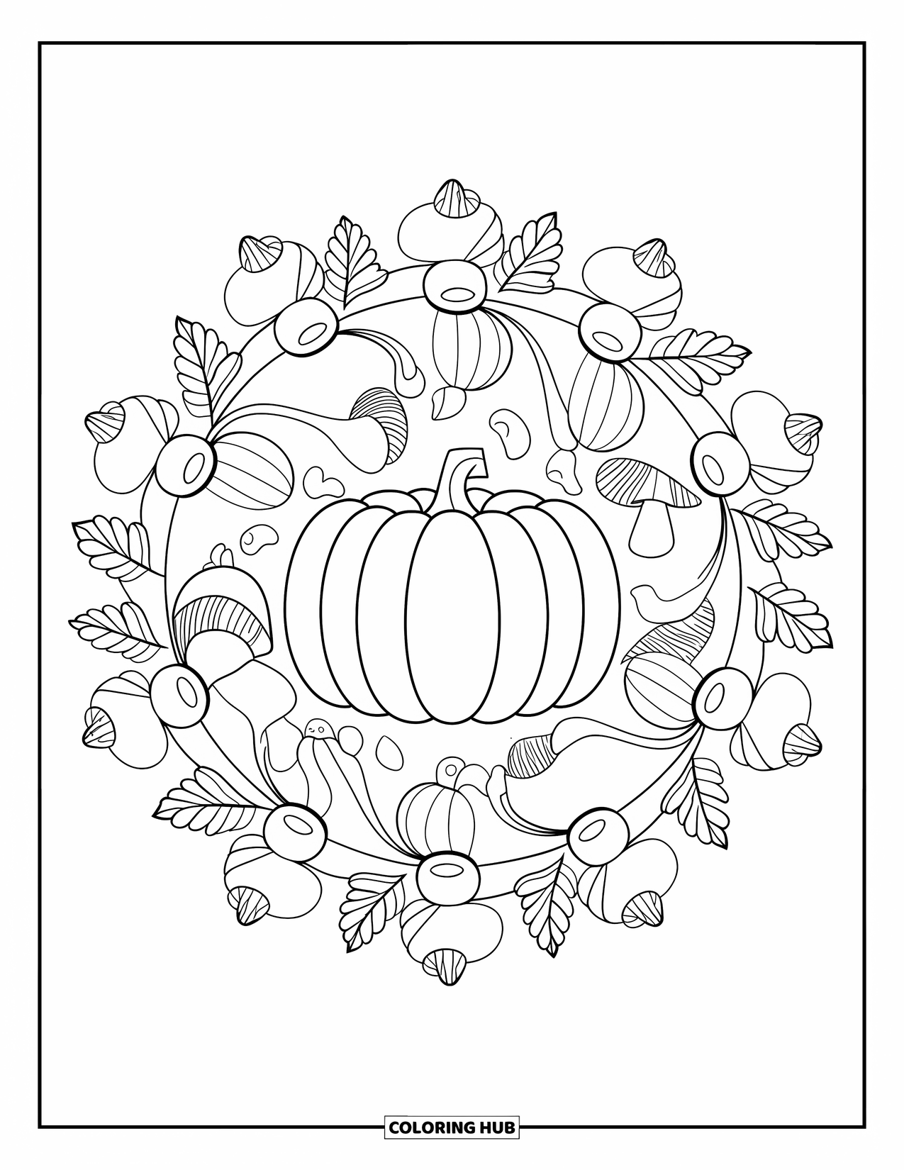 Fall Mandala Coloring Page for Kids: Layered gourds, mushrooms, and acorns framing a central pumpkin