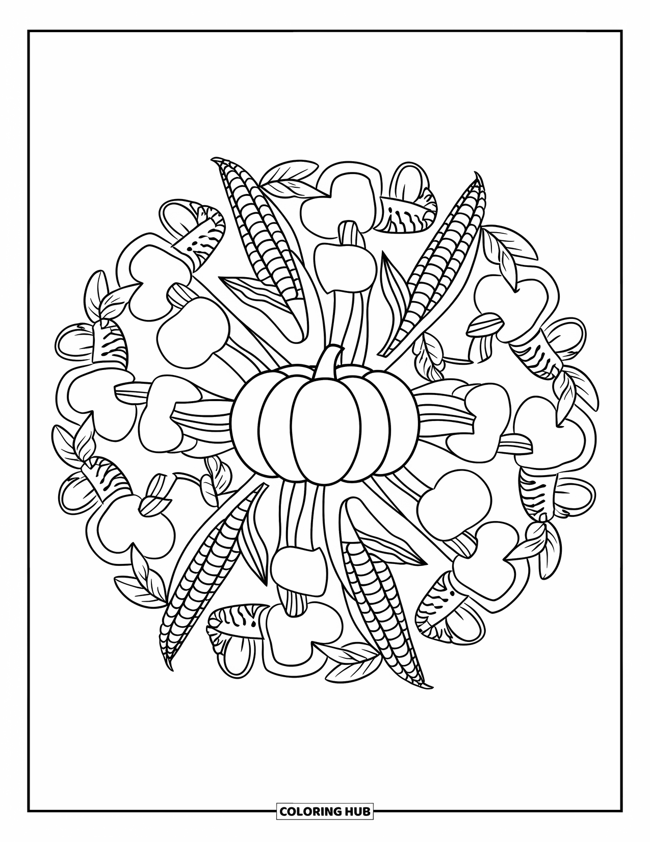 Fall Mandala Coloring Page for Kids: Mandala design of pumpkin, mushrooms, apples, and cornhusks