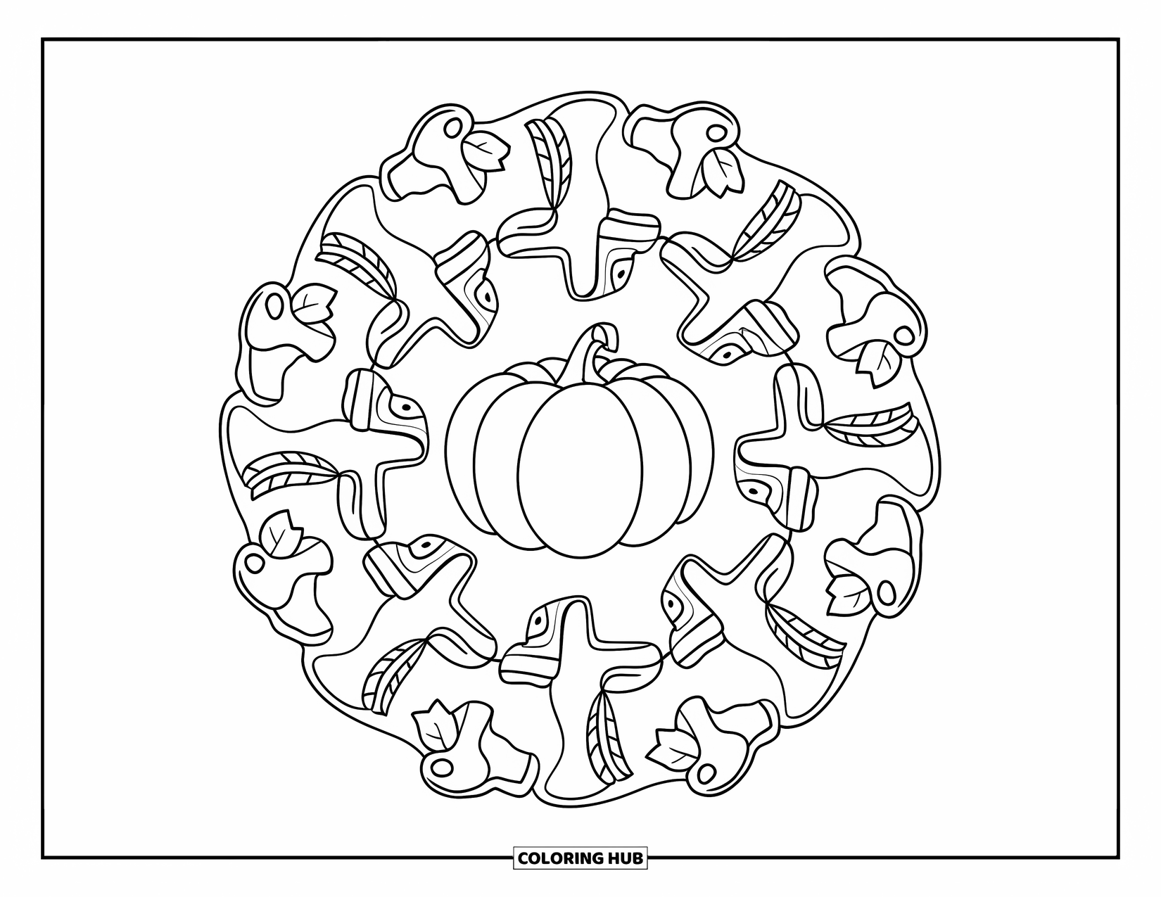 Fall Mandala Coloring Page for Kids: Mandala featuring a pumpkin slice with mushrooms, boots, and leaves