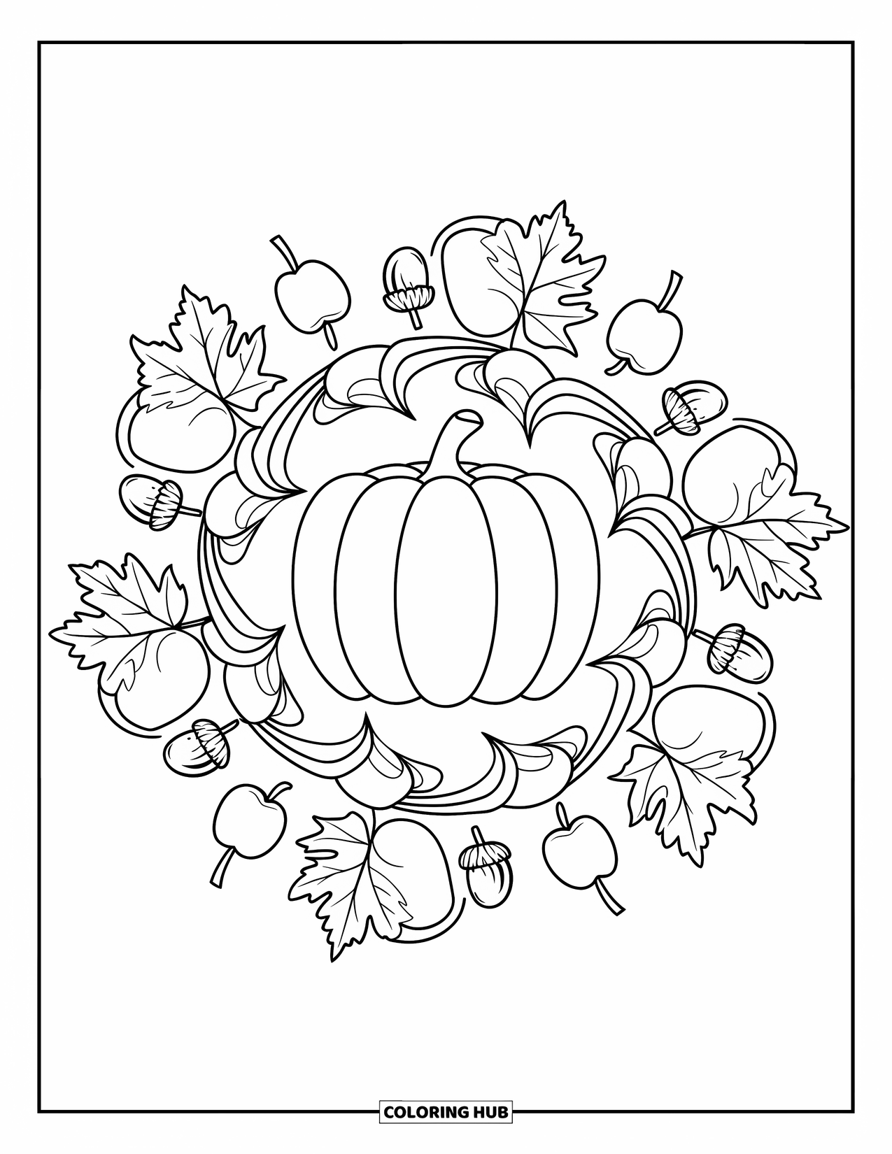 Fall Mandala Coloring Page for Kids: Mandala pumpkin with swirling apples, leaves, and acorns