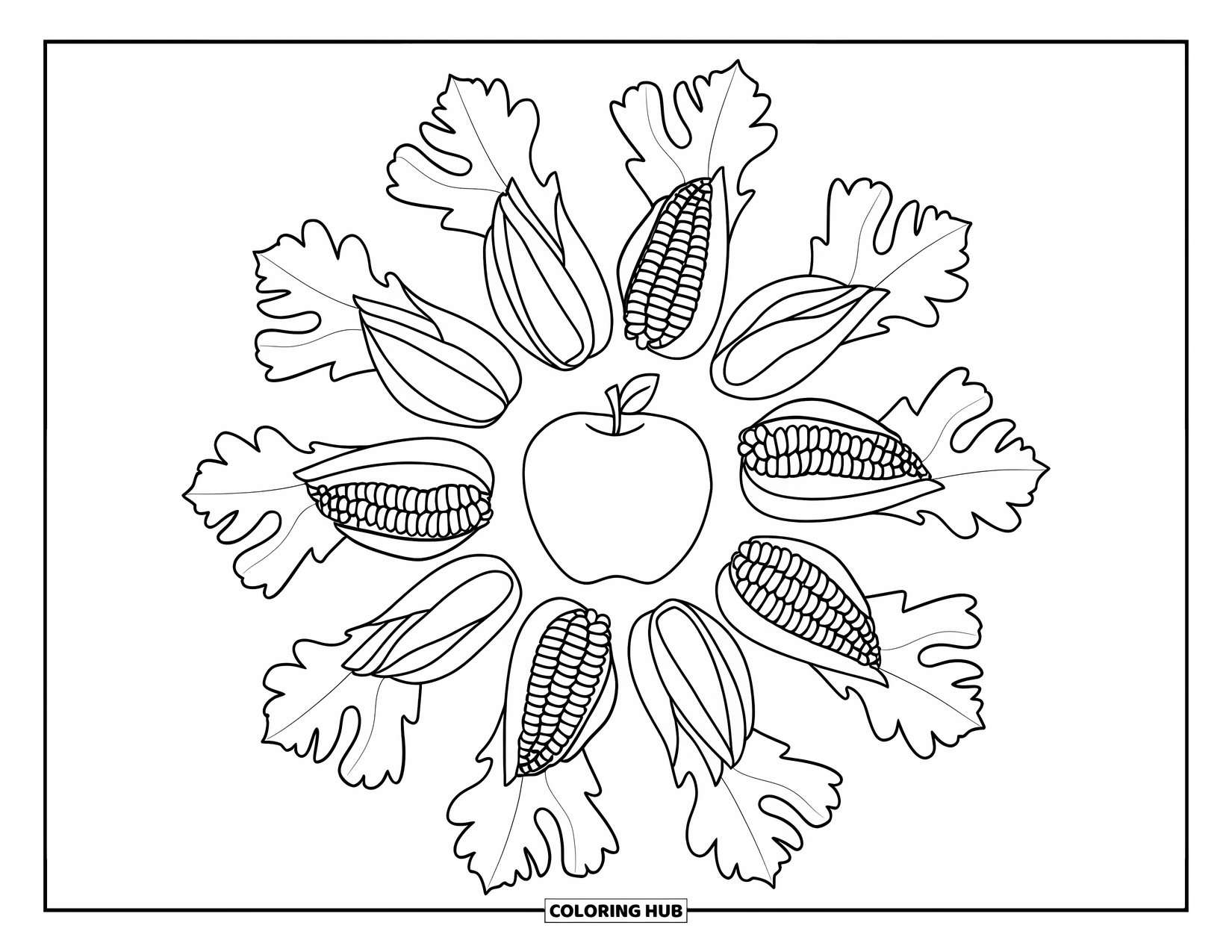 Fall Mandala Coloring Page for Kids: Mandala rings of leaves and husks around a central apple