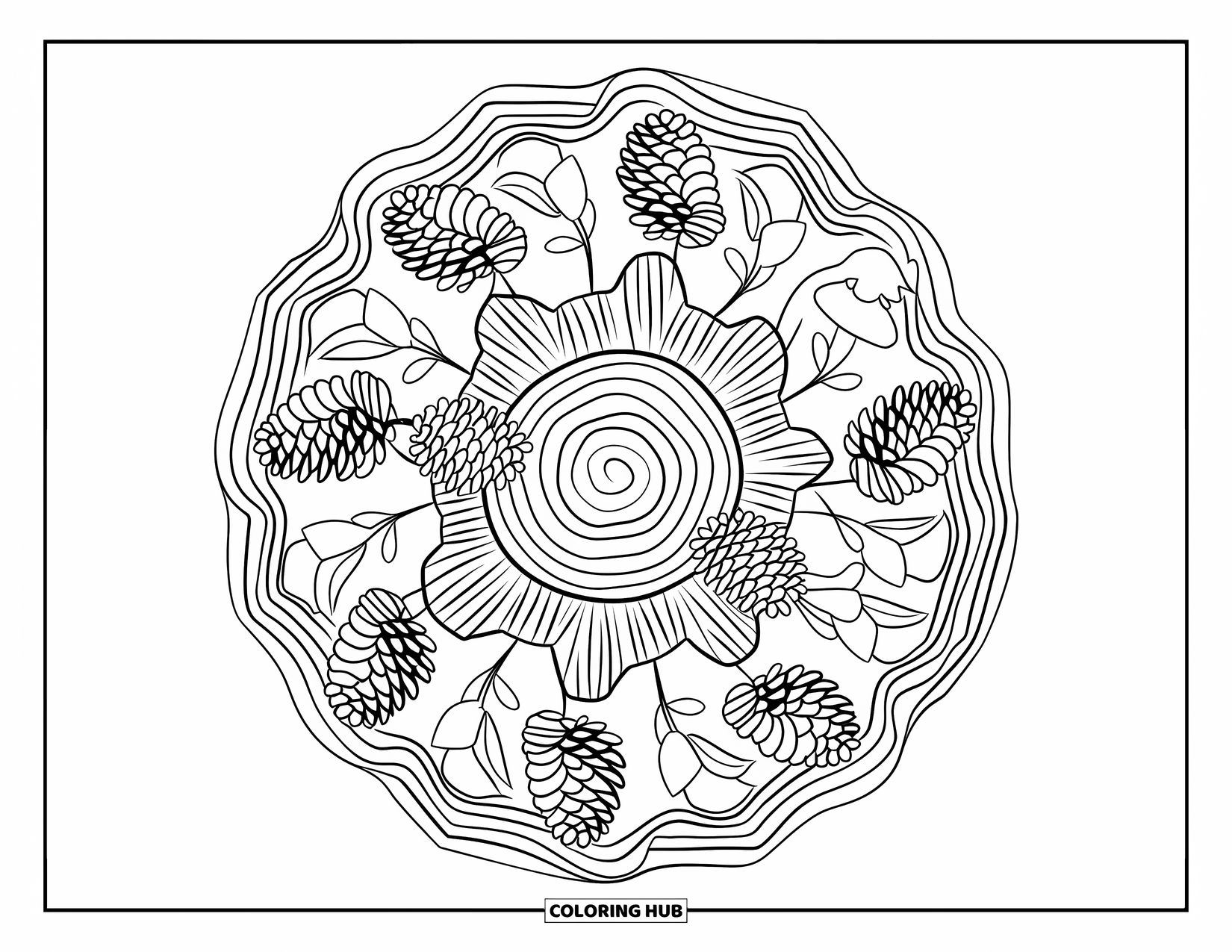 Fall Mandala Coloring Page for Kids: Mandala rings of pinecones, mushrooms, and leaves around a tree stump