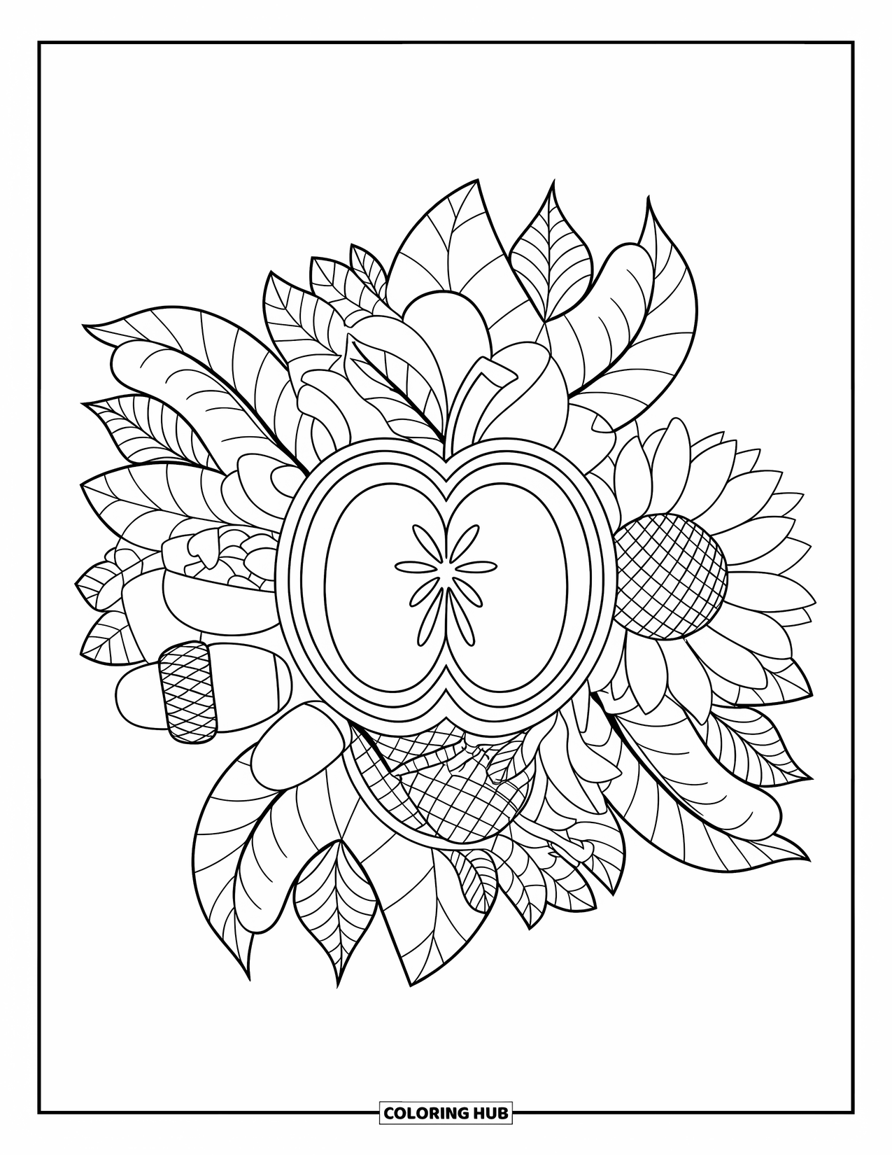 Fall Mandala Coloring Page for Kids: Mandala-style apple core framed by detailed fall elements