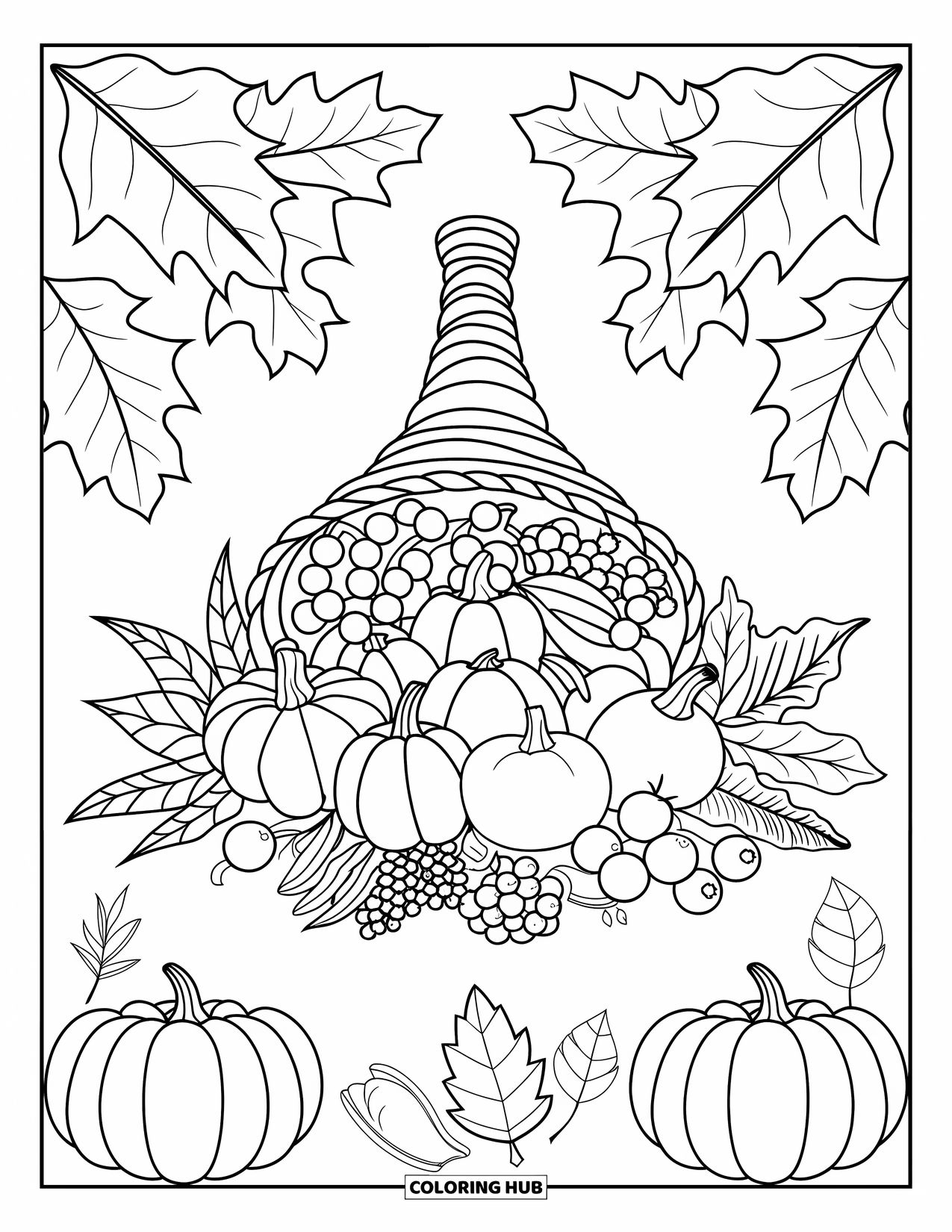 Fall Mandala Coloring Page for Kids: Mandala-style cornucopia with fruits and veggies in symmetrical circles