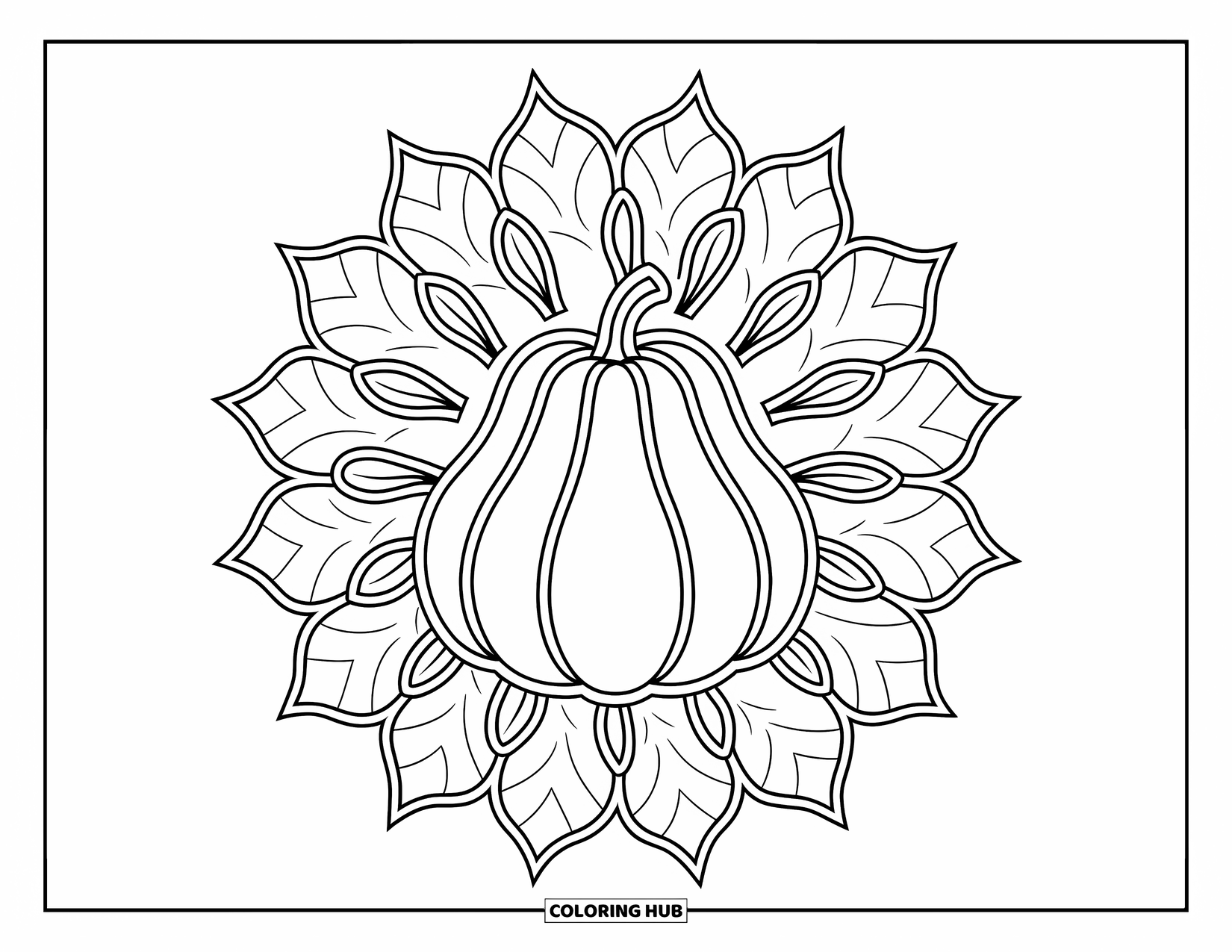 Fall Mandala Coloring Page for Kids: Mandala-style gourd design with layers of intricate fall leaves