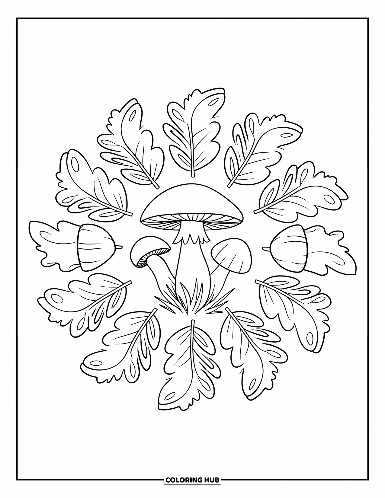 Fall Mandala Coloring Page for Kids: Mandala-style mushroom with rings of acorns and leaf bunches