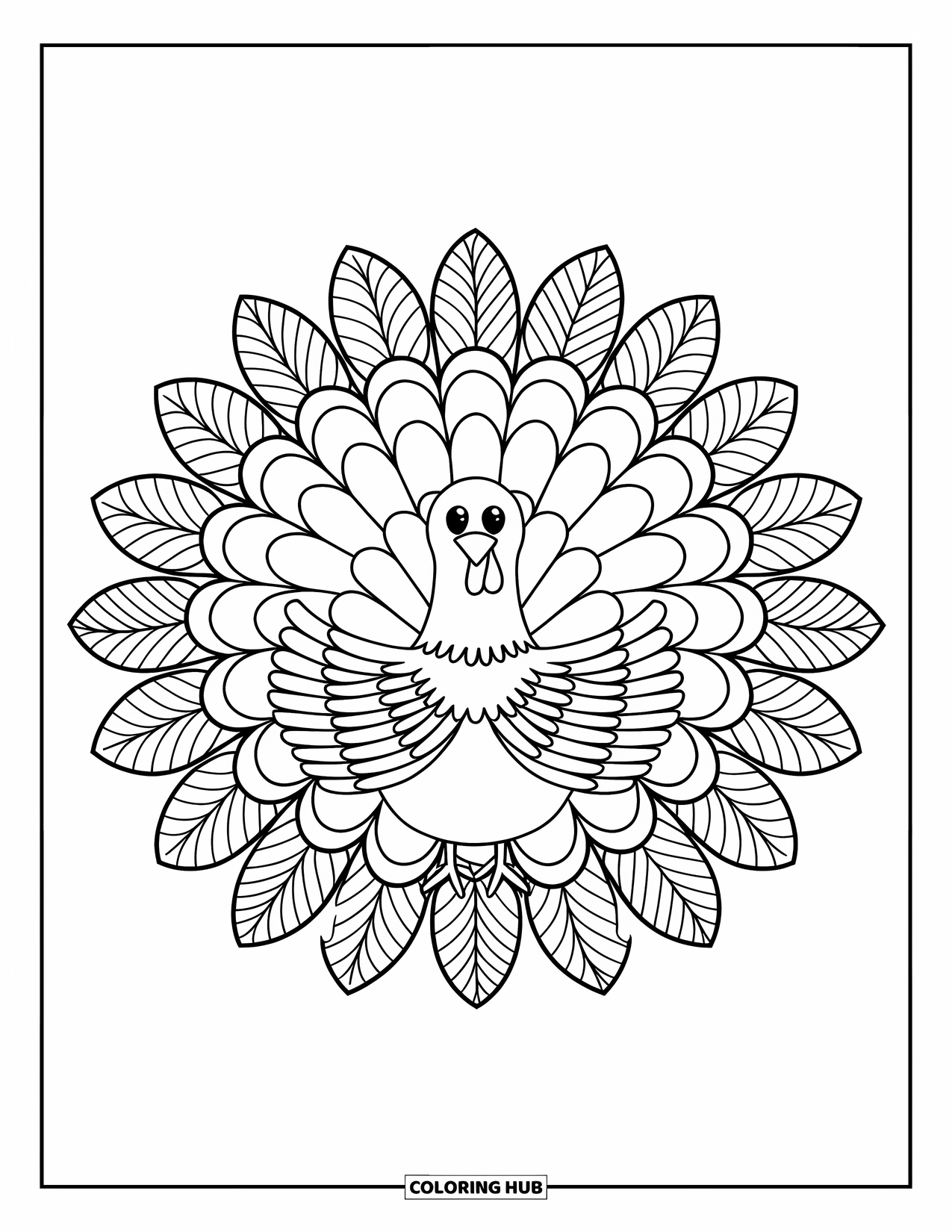 Fall Mandala Coloring Page for Kids: Mandala-style turkey with detailed wings and feathered leaf layers