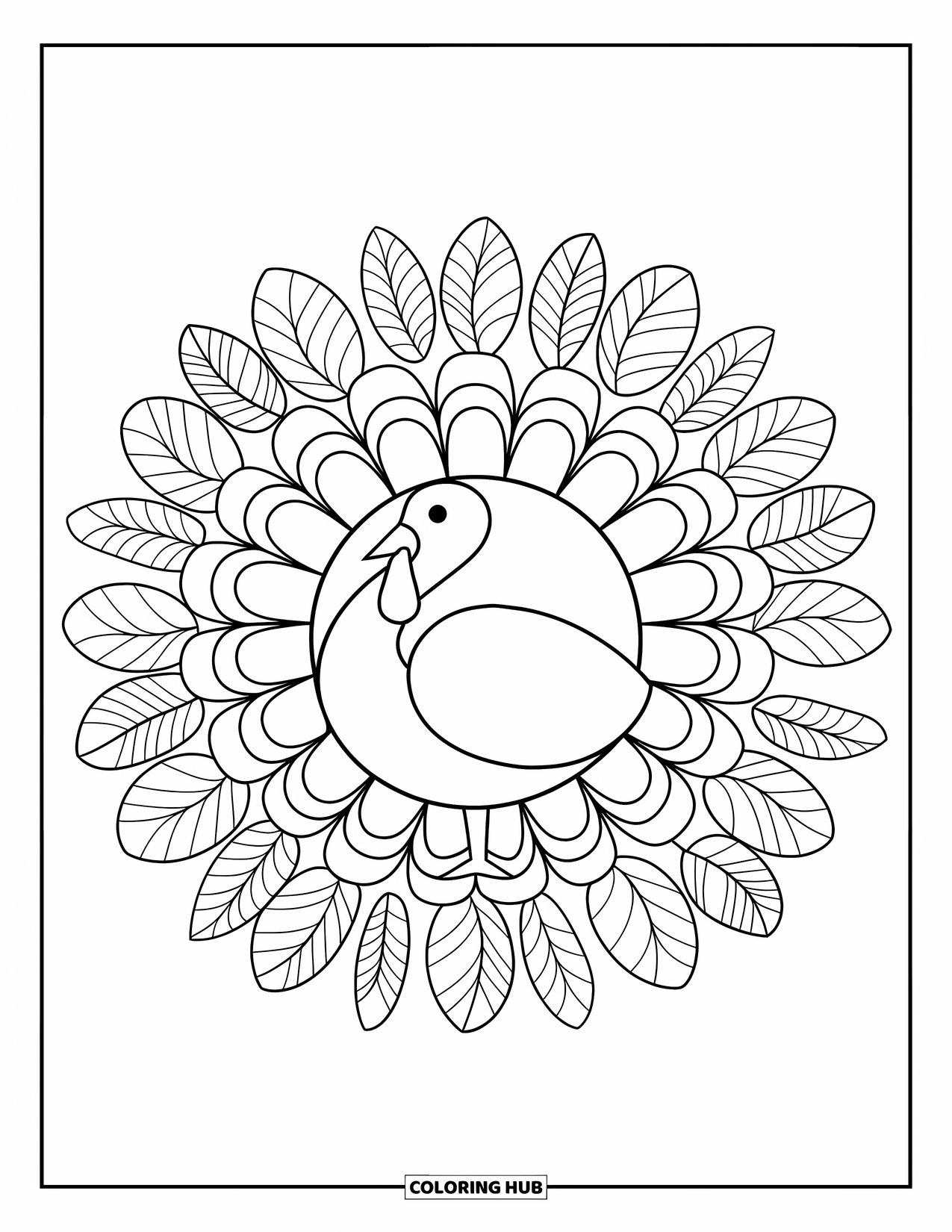 Fall Mandala Coloring Page for Kids: Mandala turkey with leaf and feather rows surrounding it