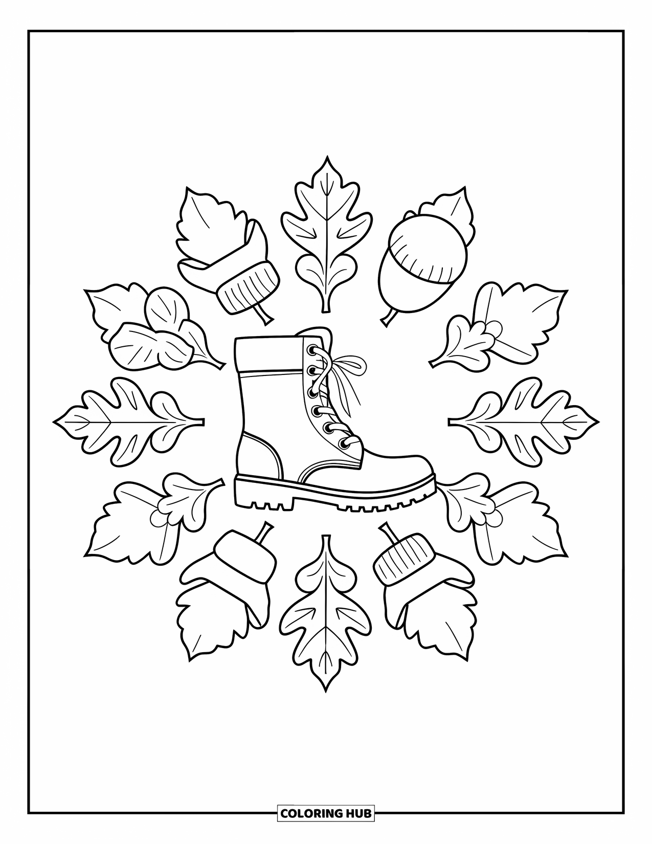 Fall Mandala Coloring Page for Kids: Mandala with boots, hats, scarves, gloves, and leaf patterns