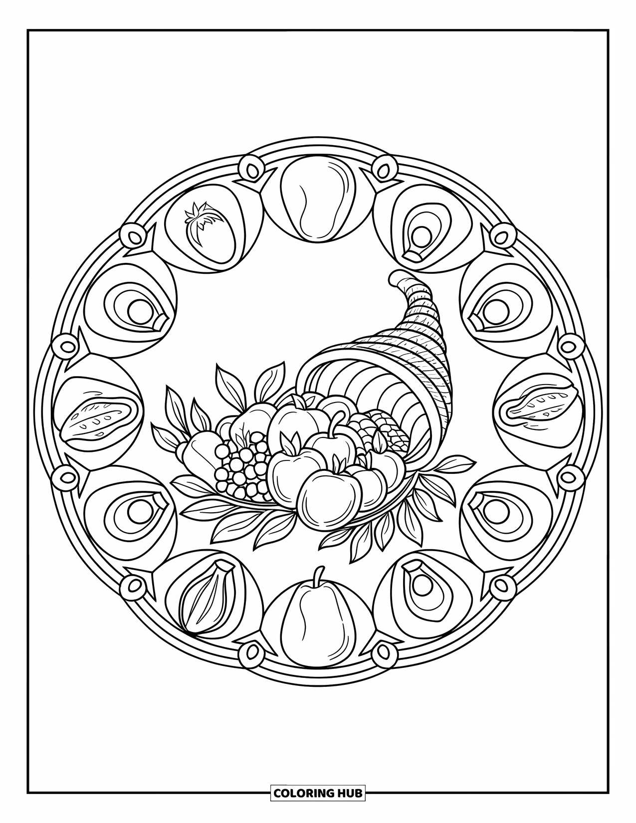 Fall Mandala Coloring Page for Kids: Mandala with cornucopia and symmetrical fruit and vegetable layers