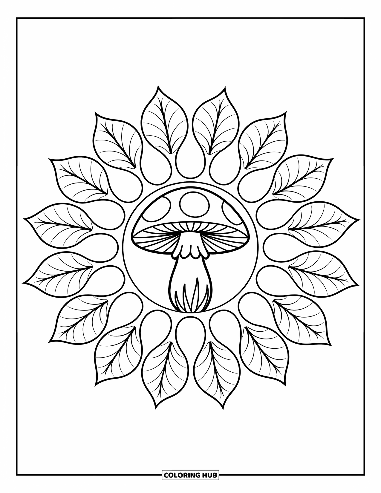 Fall Mandala Coloring Page for Kids: Mushroom in center with large leafy petals in spiral layers