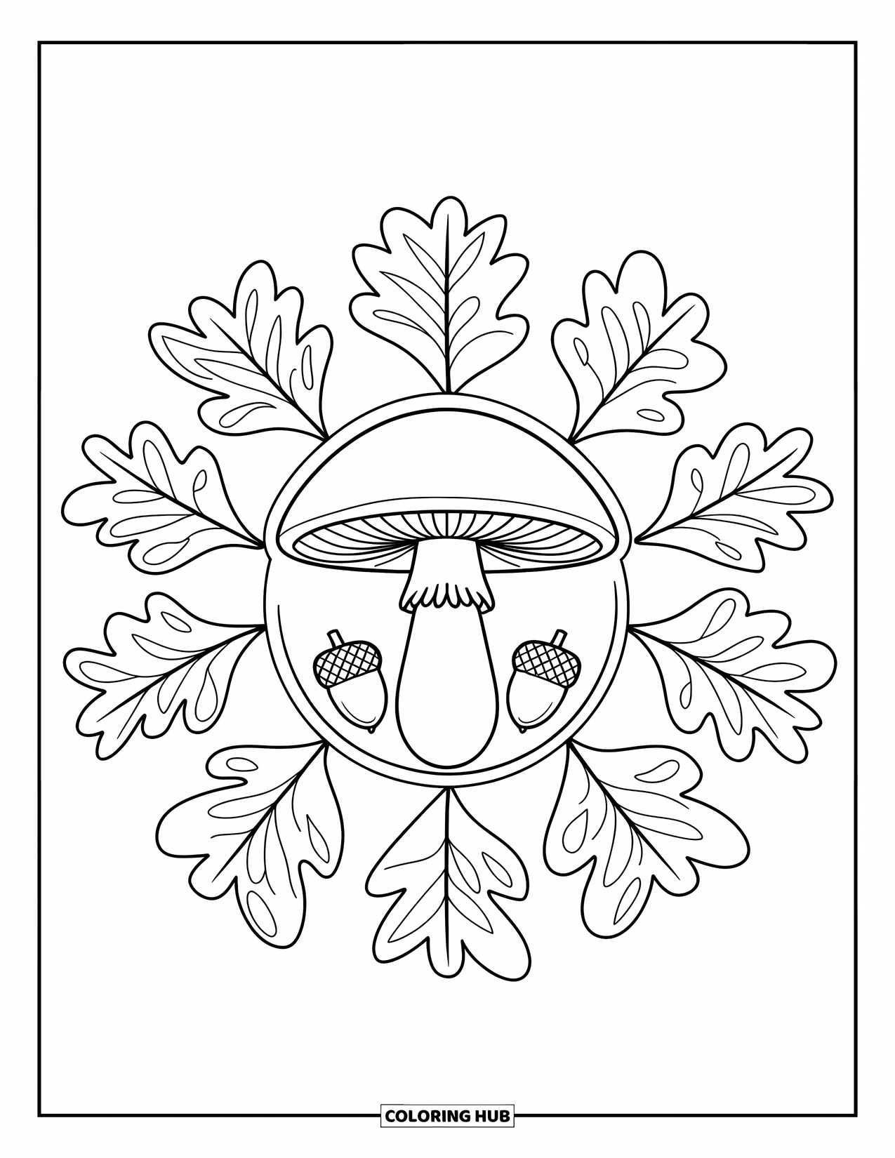 Fall Mandala Coloring Page for Kids: Mushroom in middle with layered fall leaves and acorns