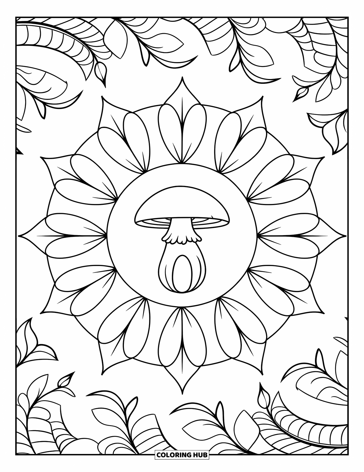Fall Mandala Coloring Page for Kids: Mushroom with spiral leafy mandala rings