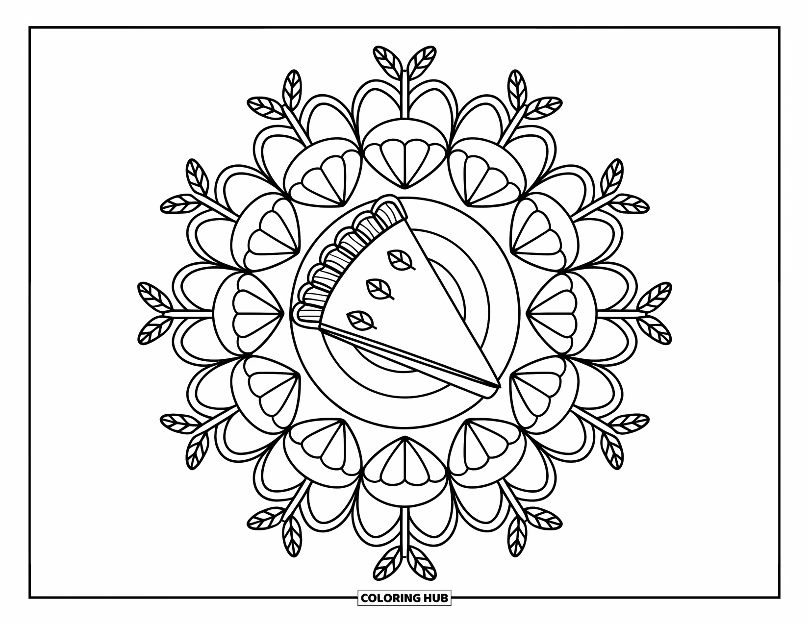 Fall Mandala Coloring Page for Kids: Pie slice in fall mandala rings of apple wedges and wheat stalks