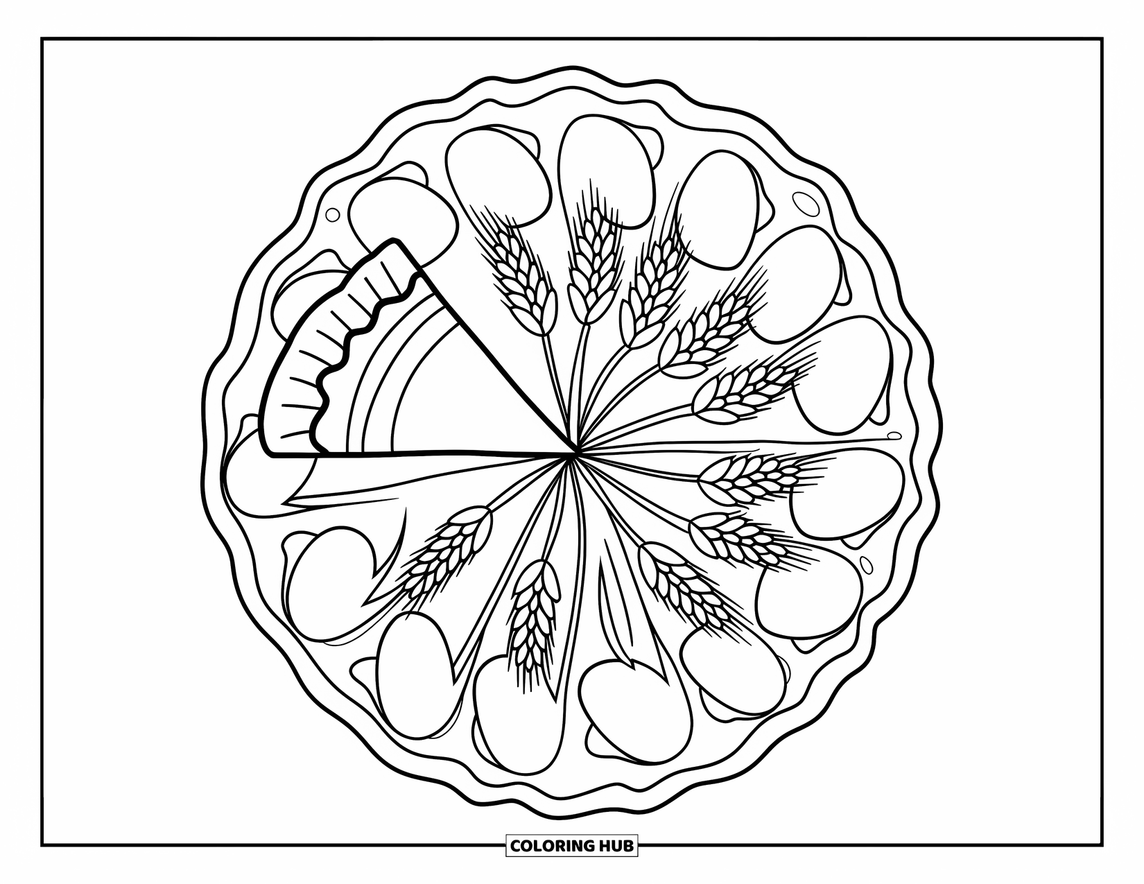 Fall Mandala Coloring Page for Kids: Pie slice with ornate crust surrounded by apples and wheat in circles