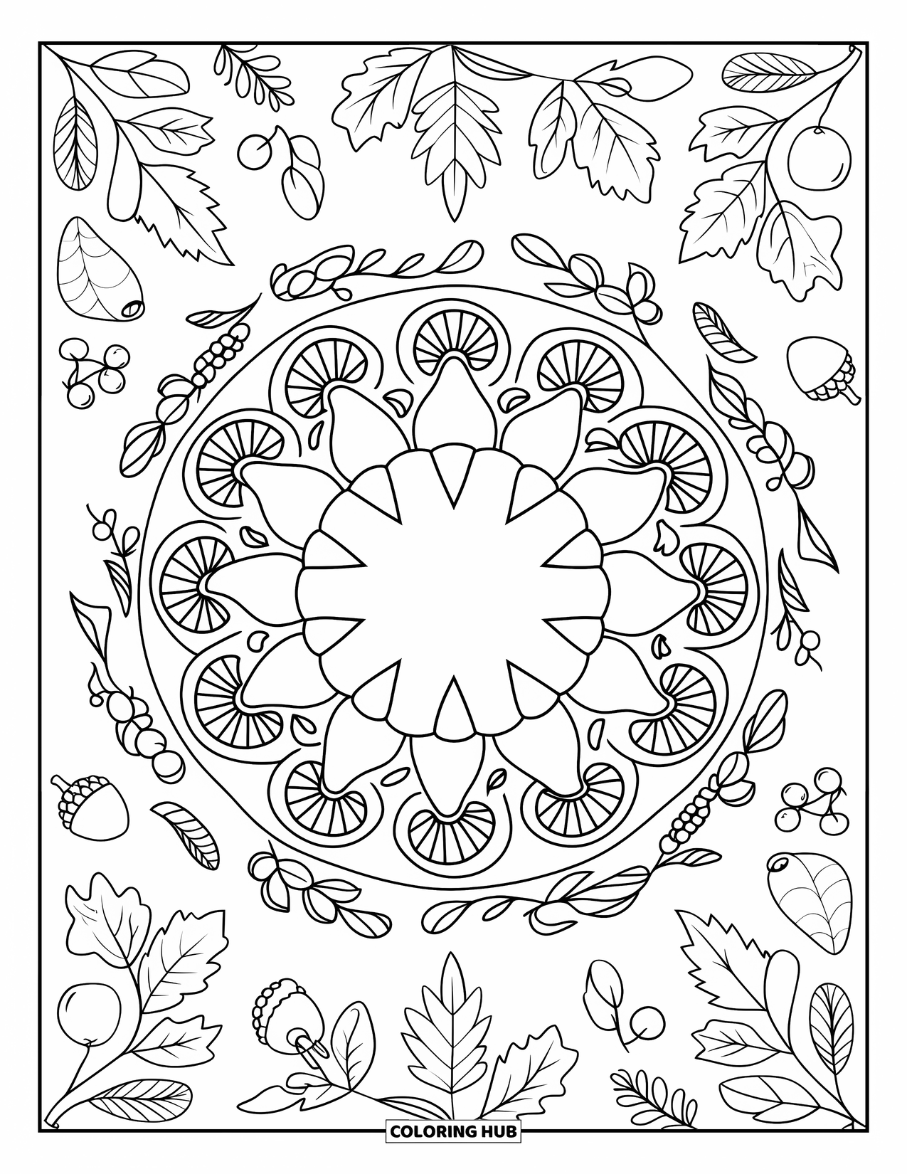 Fall Mandala Coloring Page for Kids: Pie surrounded by mandala layers of seeds, herbs, fruits, and fall leaves