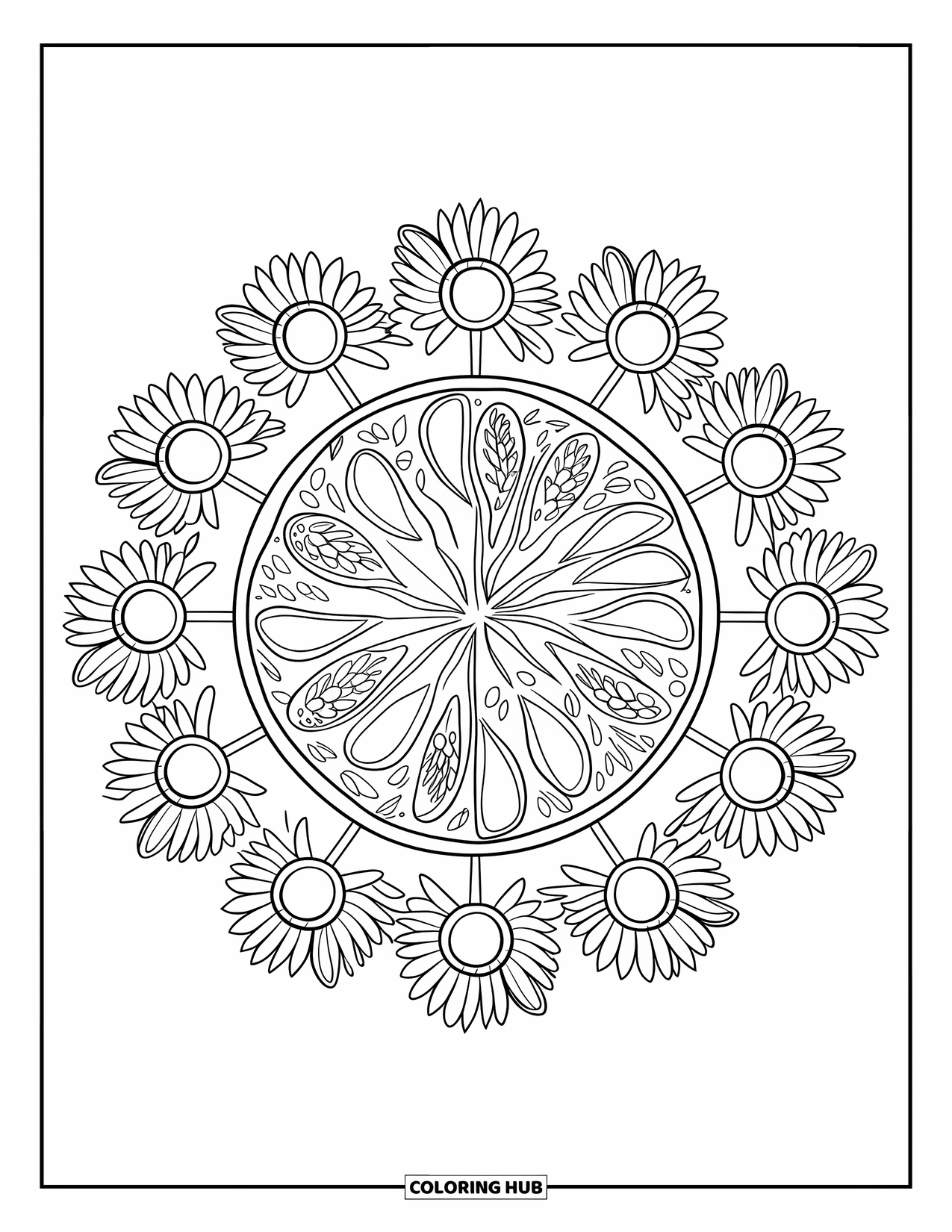 Fall Mandala Coloring Page for Kids: Pie with mandala rings of seeds, herbs, and fruit slices