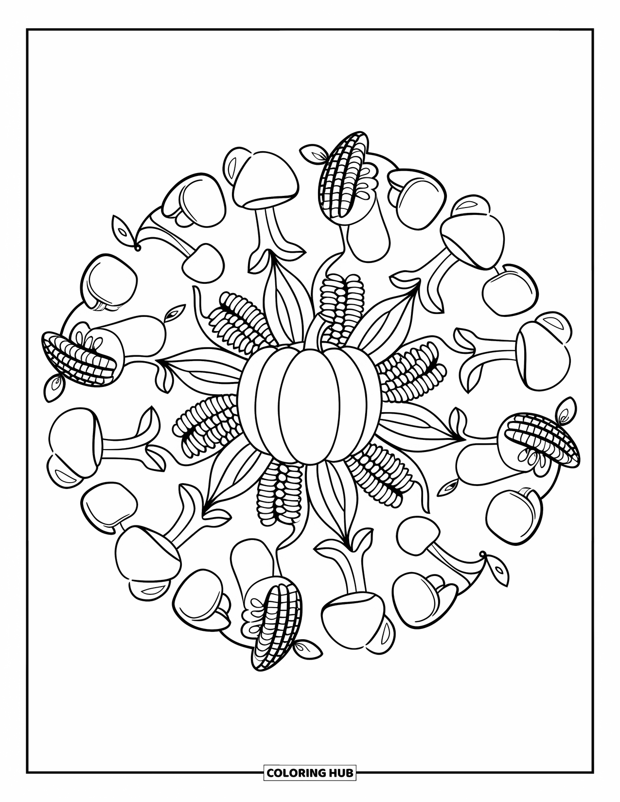 Fall Mandala Coloring Page for Kids: Pumpkin center with mandala rings of mushrooms, apples, and cornhusks