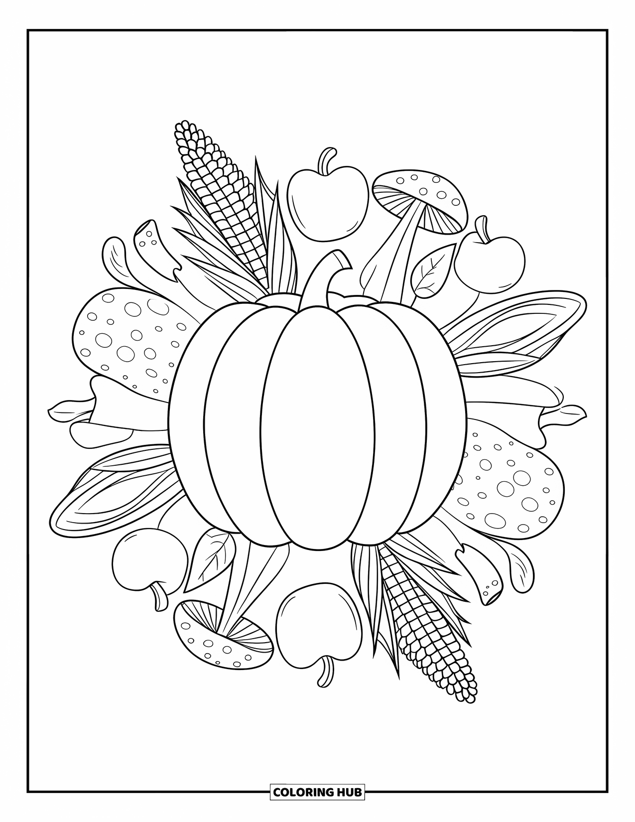 Fall Mandala Coloring Page for Kids: Pumpkin core with layered mushrooms, apples, and cornhusks around it