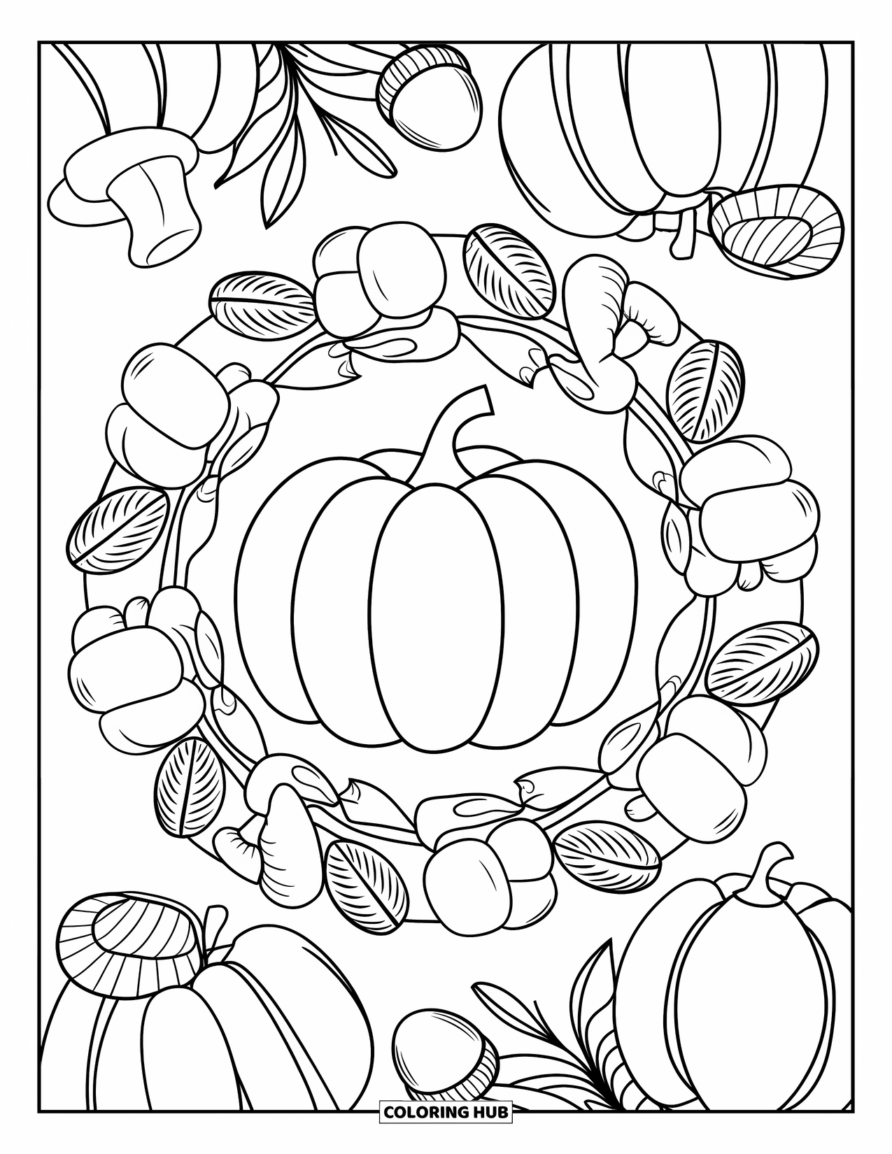 Fall Mandala Coloring Page for Kids: Pumpkin design with mandala rings of autumn harvest elements