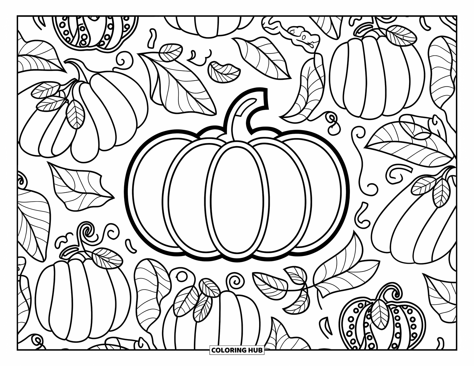 Fall Mandala Coloring Page for Kids: Pumpkin design with repeating gourds and leaves in a mandala layout