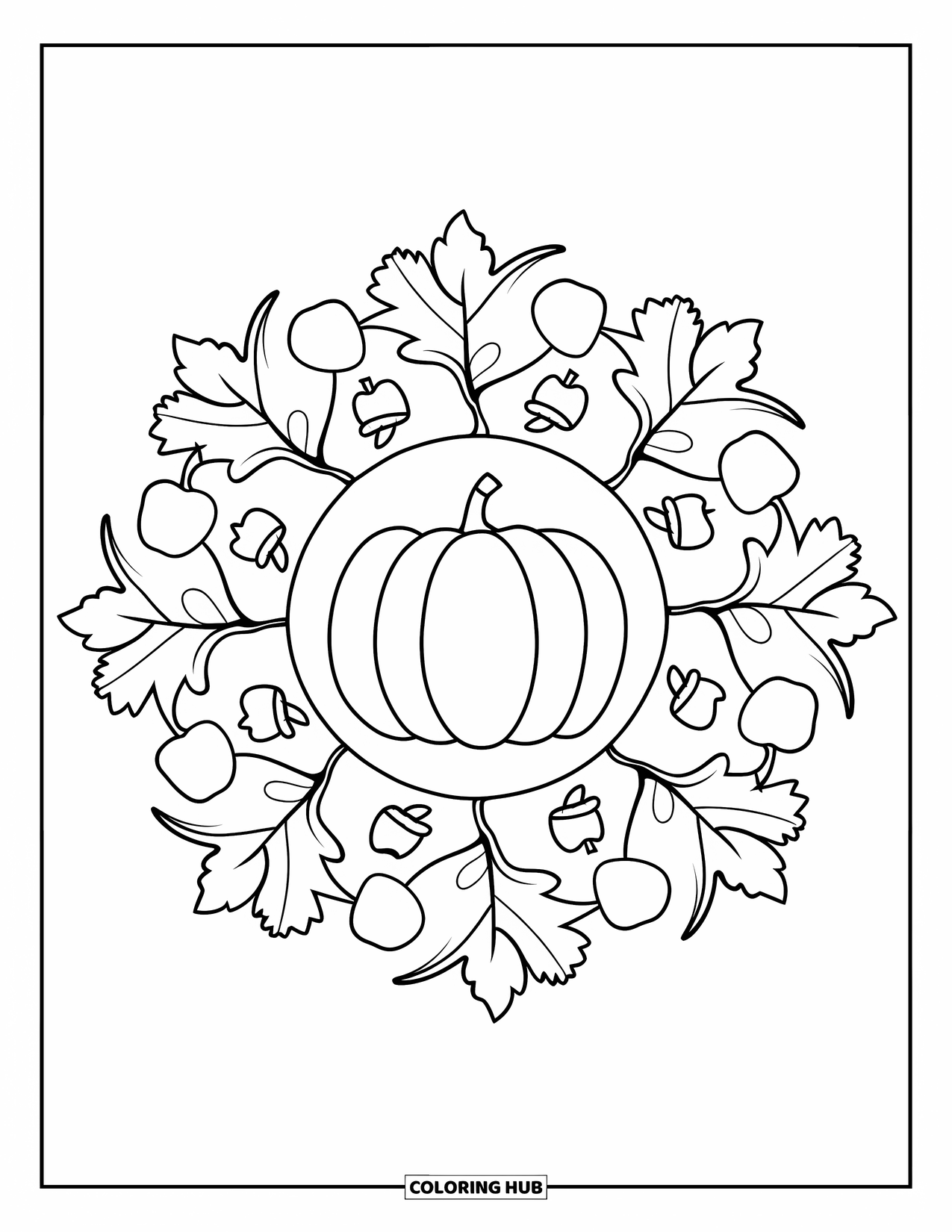 Fall Mandala Coloring Page for Kids: Pumpkin in center with layered maple leaves and fall fruits