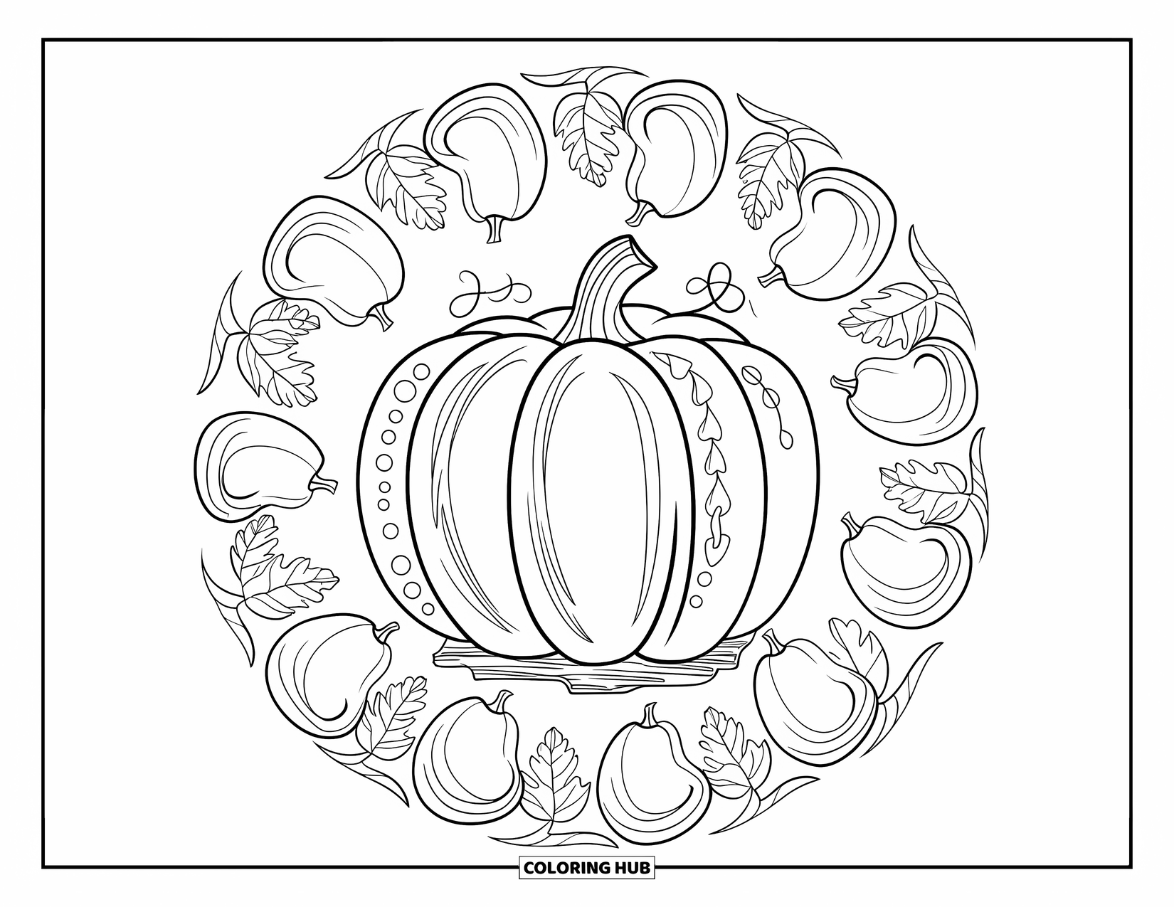 Fall Mandala Coloring Page for Kids: Pumpkin on wood base surrounded by swirling gourds and leaves