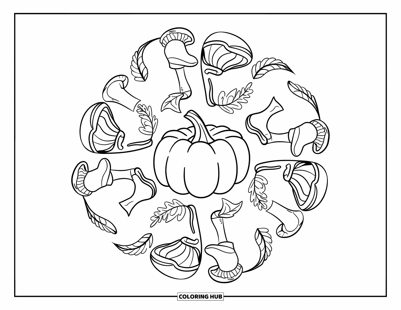 Fall Mandala Coloring Page for Kids: Pumpkin slice at center with mandala layers of boots, mushrooms, and leaves