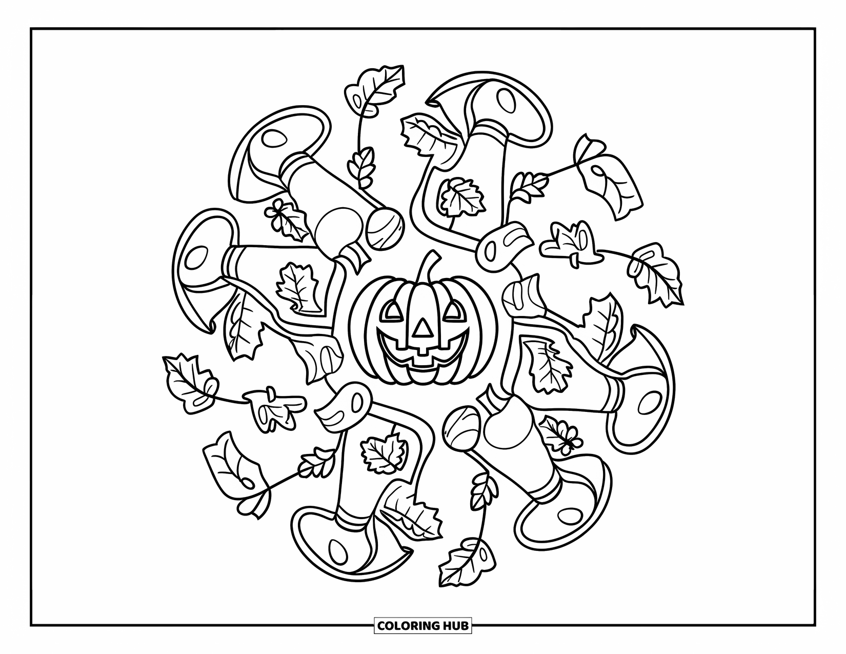 Fall Mandala Coloring Page for Kids: Pumpkin slice with mandala rings of mushrooms, boots, and fall leaves