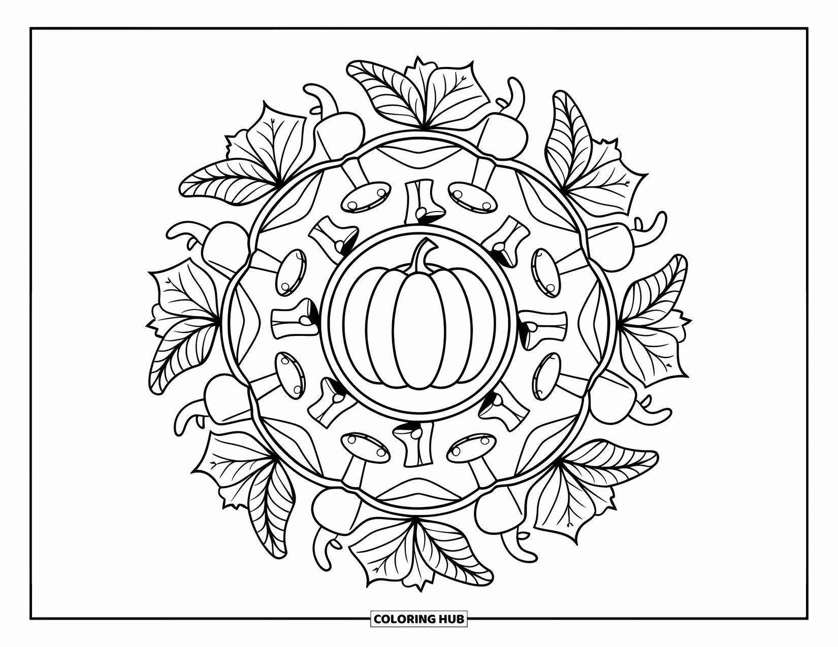 Fall Mandala Coloring Page for Kids: Pumpkin slice with rings of boots, leaves, and mushrooms in a mandala layout