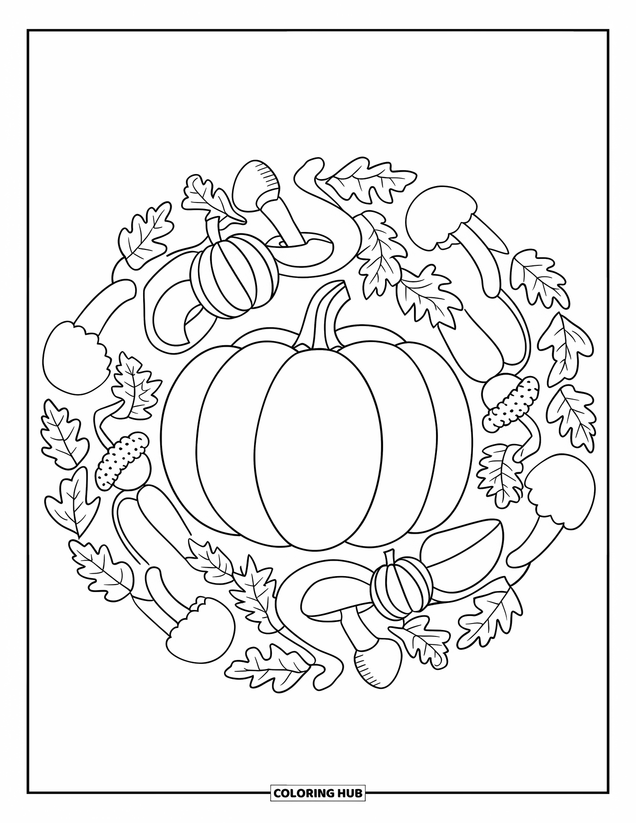 Fall Mandala Coloring Page for Kids: Pumpkin surrounded by layers of fall elements in mandala circles