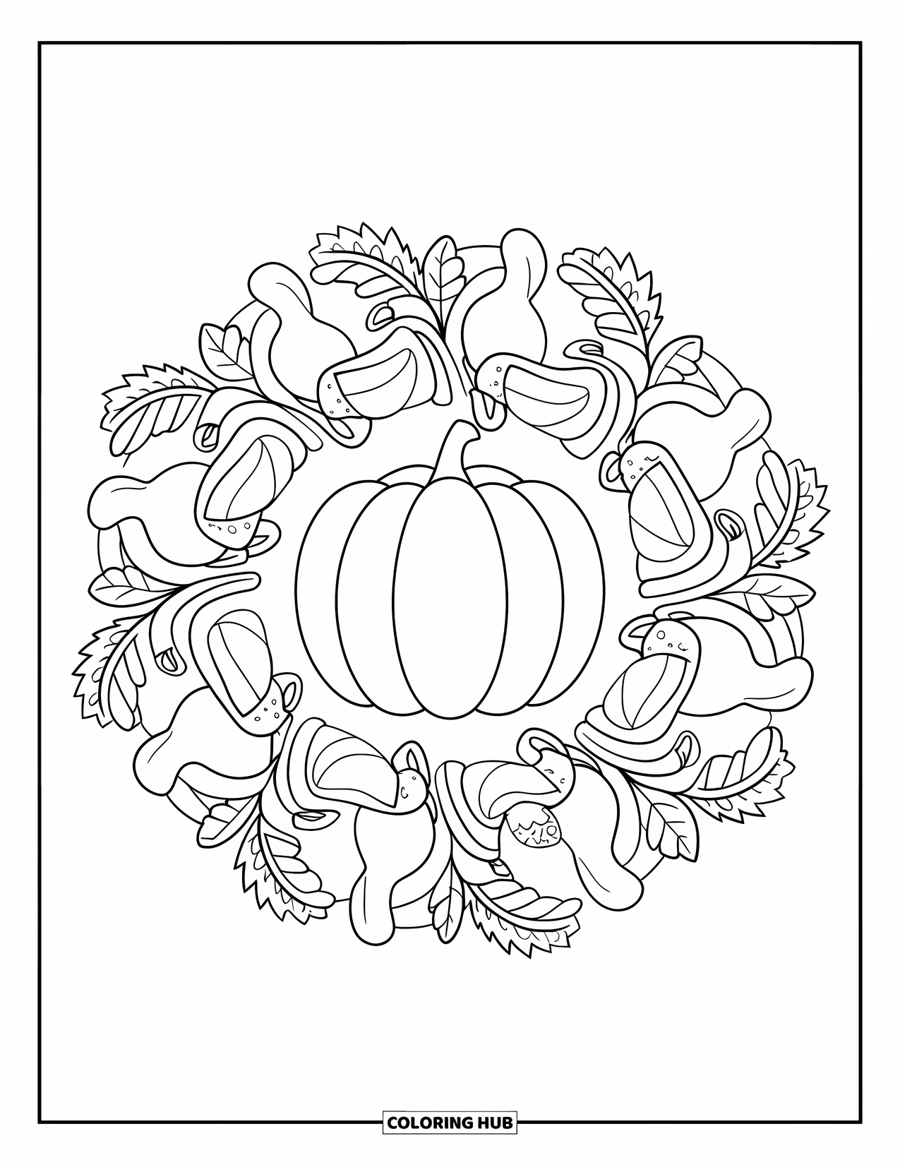 Fall Mandala Coloring Page for Kids: Pumpkin with mandala rings of gourds, mushrooms, and acorns