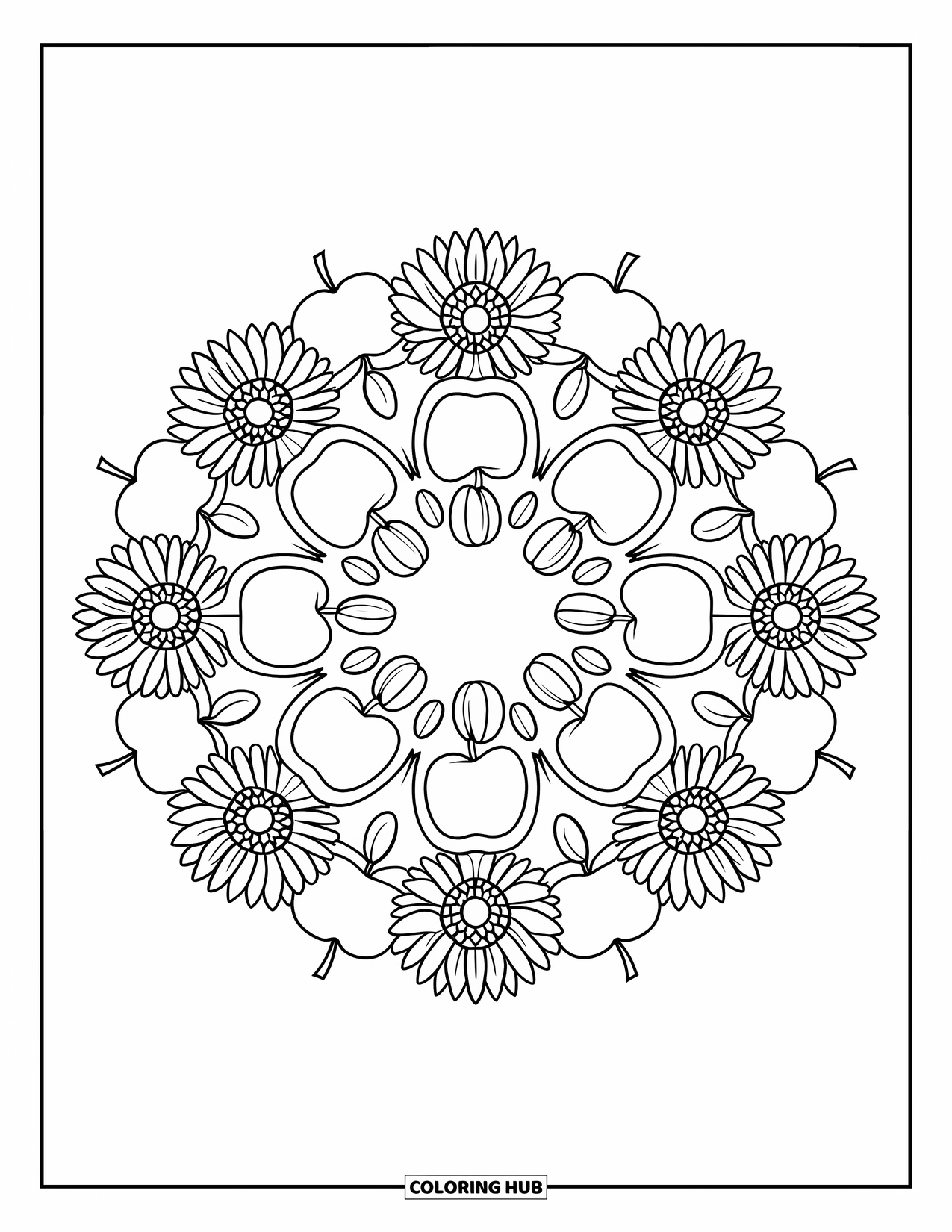 Fall Mandala Coloring Page for Kids: Repeating mandala rings of apples and sunflowers