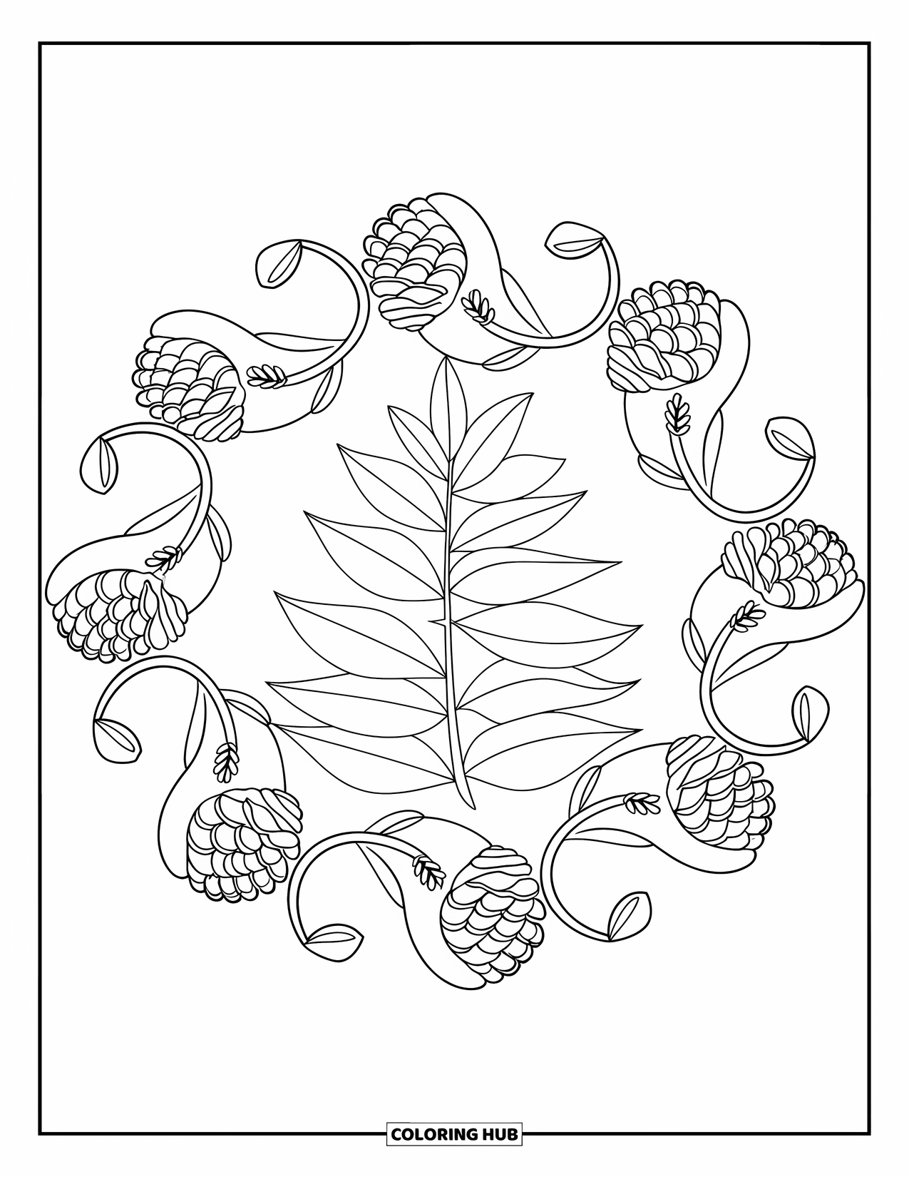 Fall Mandala Coloring Page for Kids: Stack of leaves framed by mandala curls of pinecones and branches