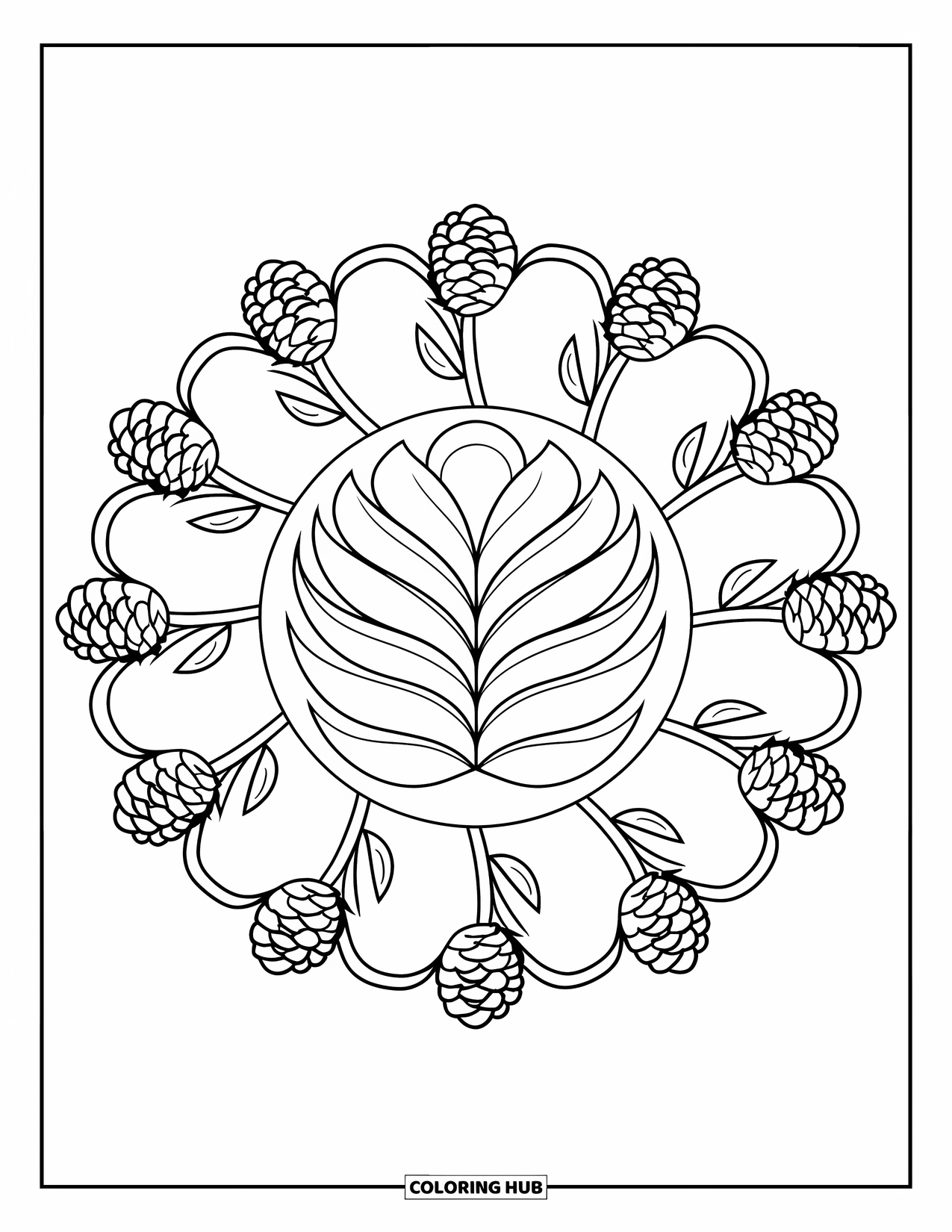 Fall Mandala Coloring Page for Kids: Stack of leaves in center with pinecones and branches in circular pattern